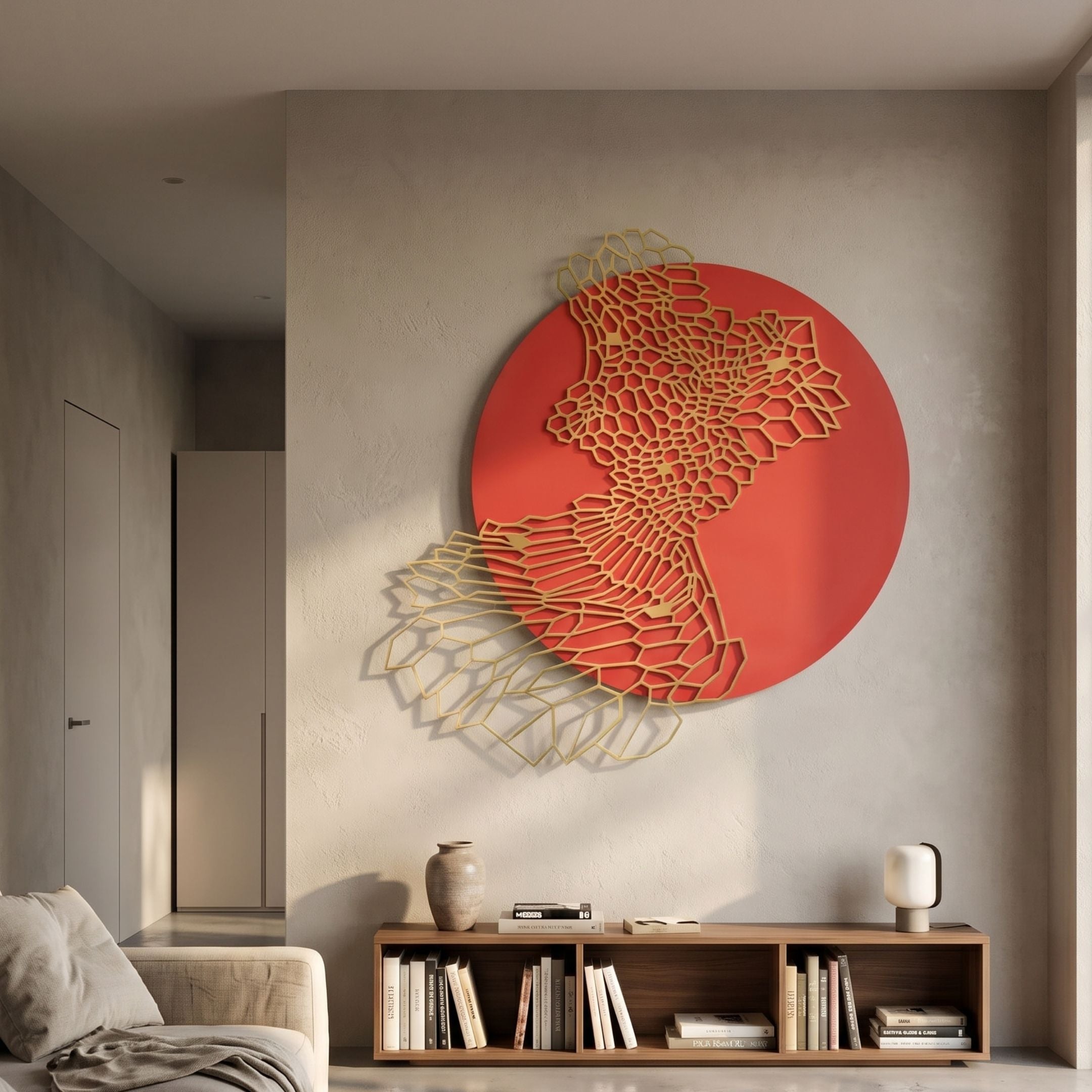 Cellura Red Geometric Layered Gold Wired Metal Wall Art by Giant Sculptures, a red disc with gold honeycomb lattice, mounted above a wooden bookshelf.