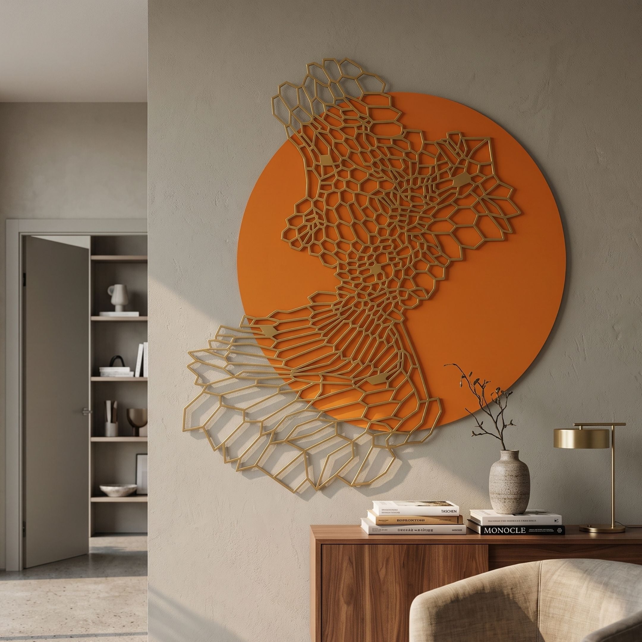 Cellura Orange Geometric Layered Gold Wired Metal Wall Art by Giant Sculptures displayed above a walnut console with vase, lamp, and books in a modern hallway.