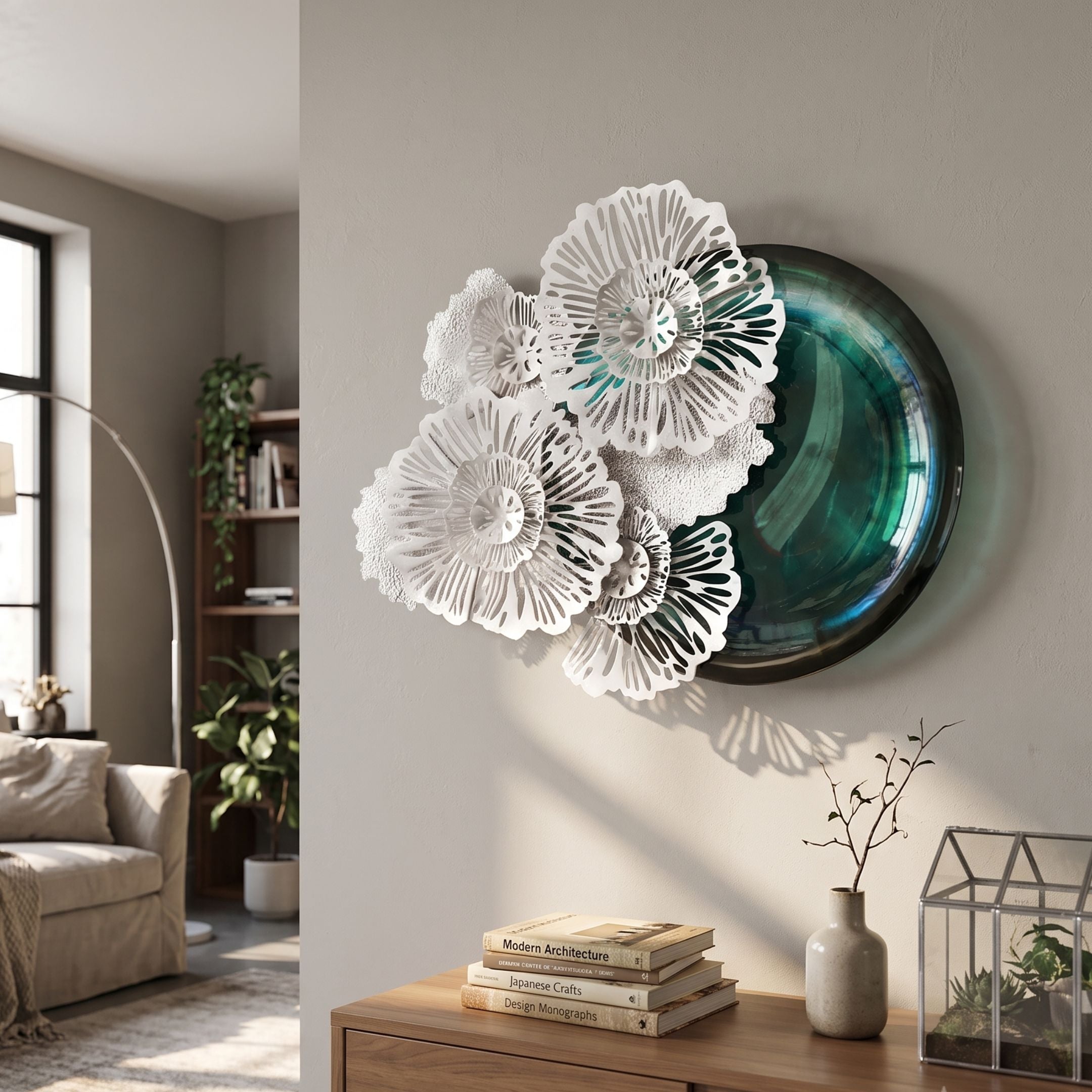 Aurum Flora White Petals Jade Metal Wall Art by Giant Sculptures displayed on a cream living room wall above a wood console with books and a vase.