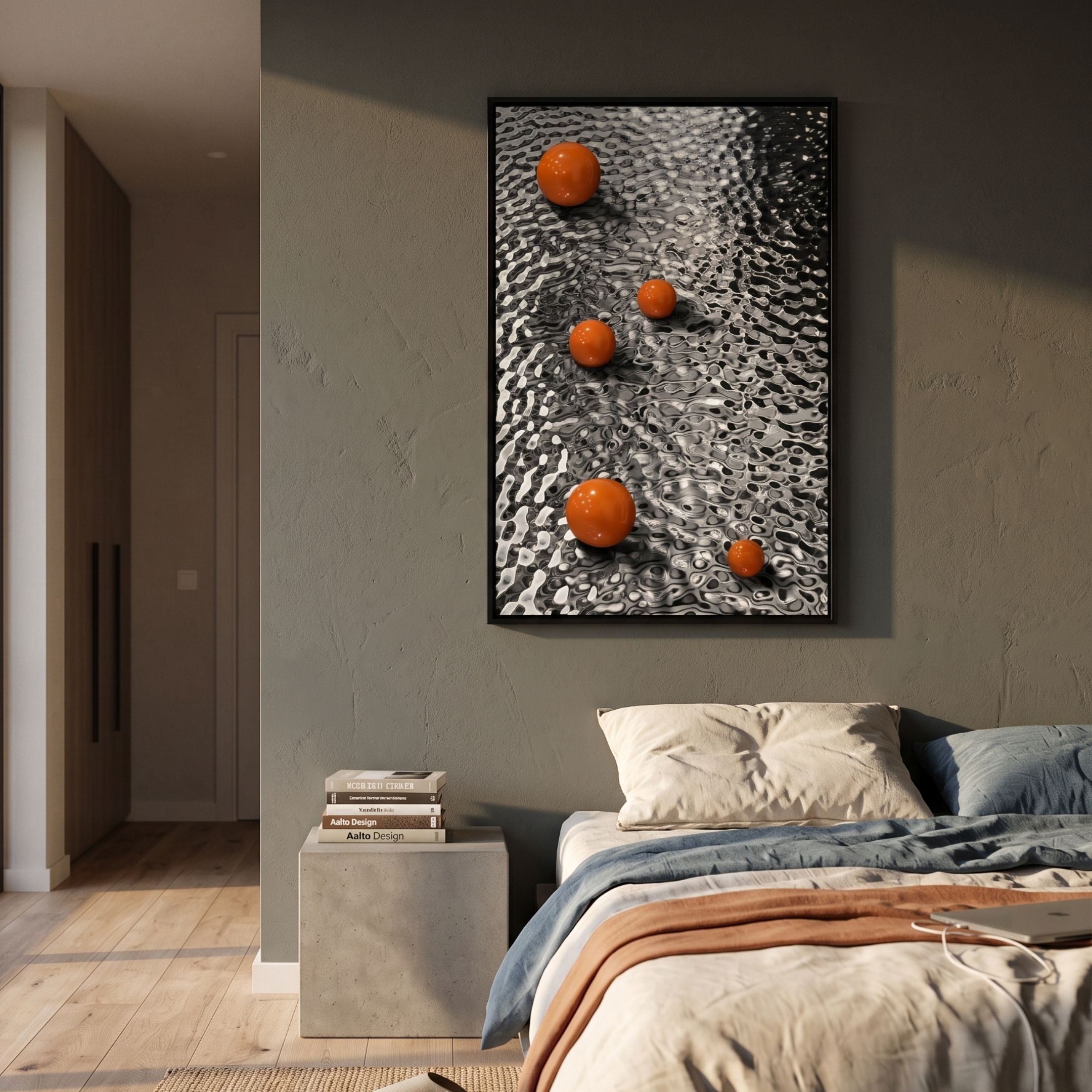 Luminosa Orange Orb Textured Metal 3D Wall Art by Giant Sculptures mounted above a bed with linen bedding, concrete nightstand, and grey plaster wall.