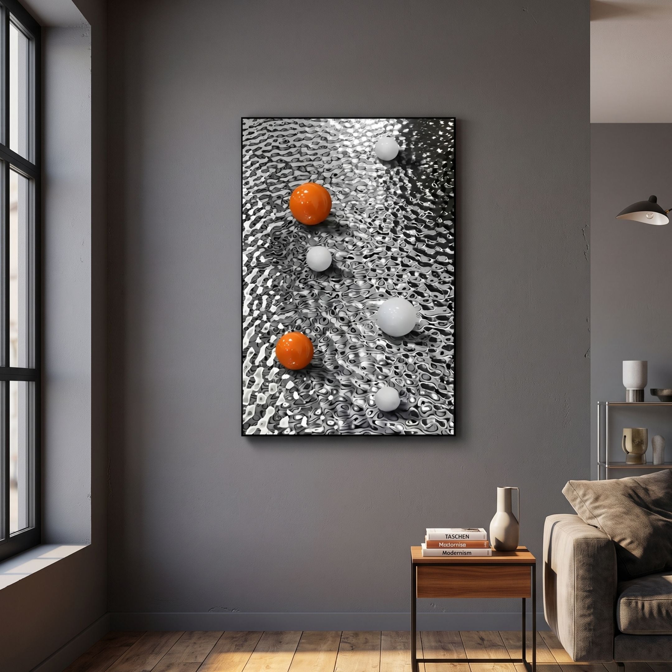 Giant Sculptures Luminosa Orange & White Orb Textured Metal 3D Wall Art with two orange and four white spheres on a rippled silver panel, hung in a grey living room.