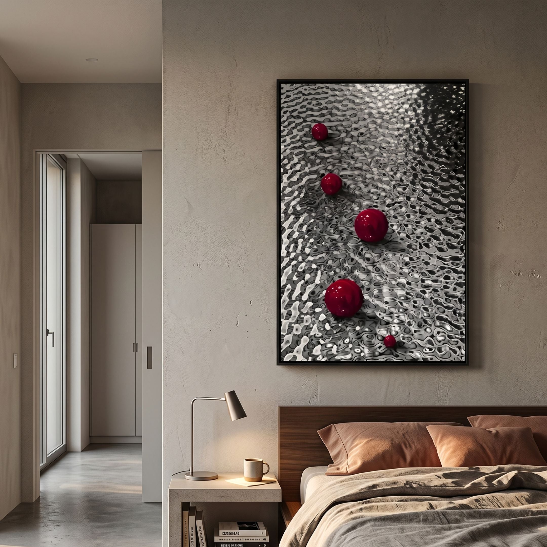 Luminosa Red Orb Textured Metal 3D Wall Art by Giant Sculptures displayed above a walnut bed with a desk lamp and mug on the nightstand in a modern bedroom.
