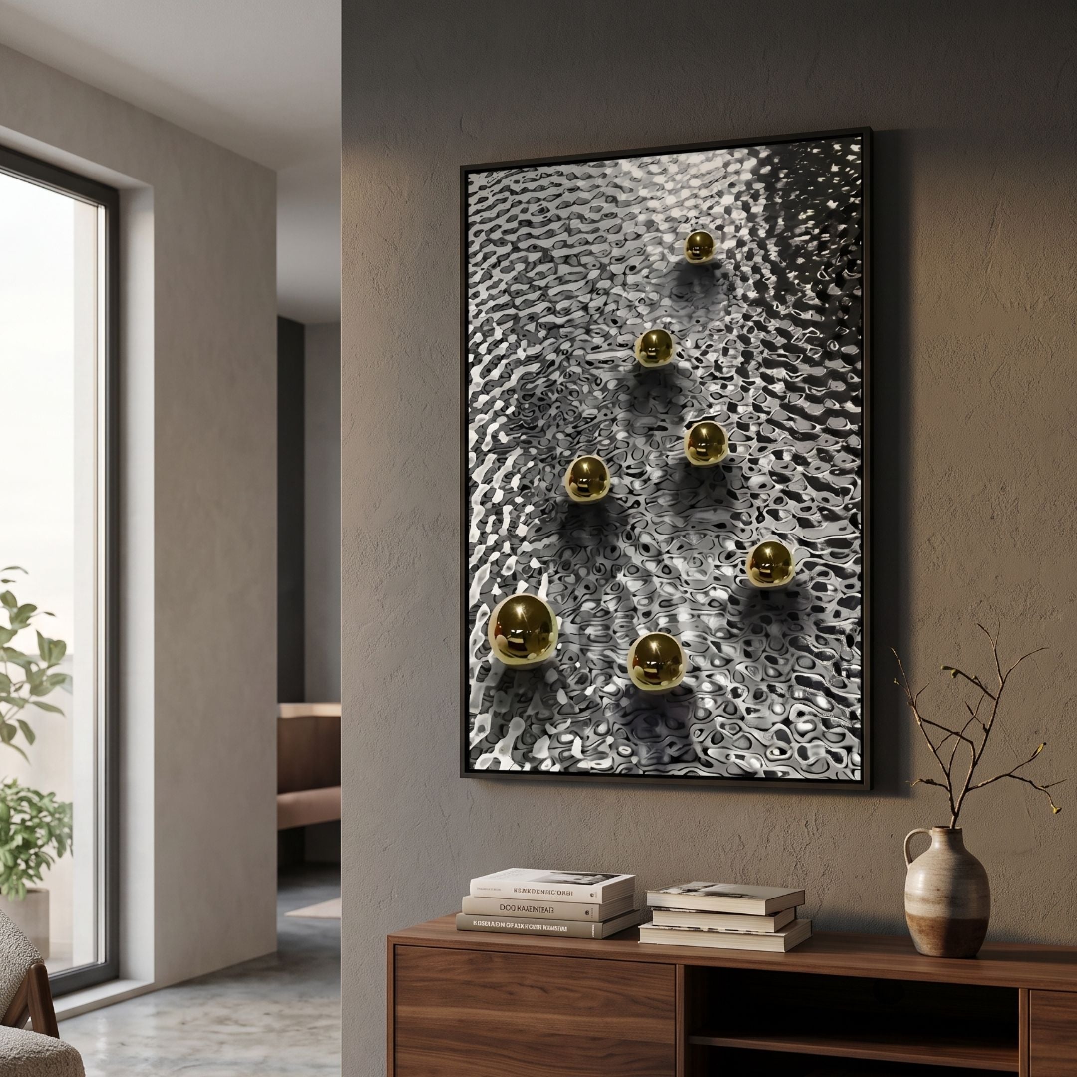 Luminosa Gold Orb Textured Metal 3D Wall Art by Giant Sculptures displayed on a taupe wall above a walnut console with books and a ceramic vase.