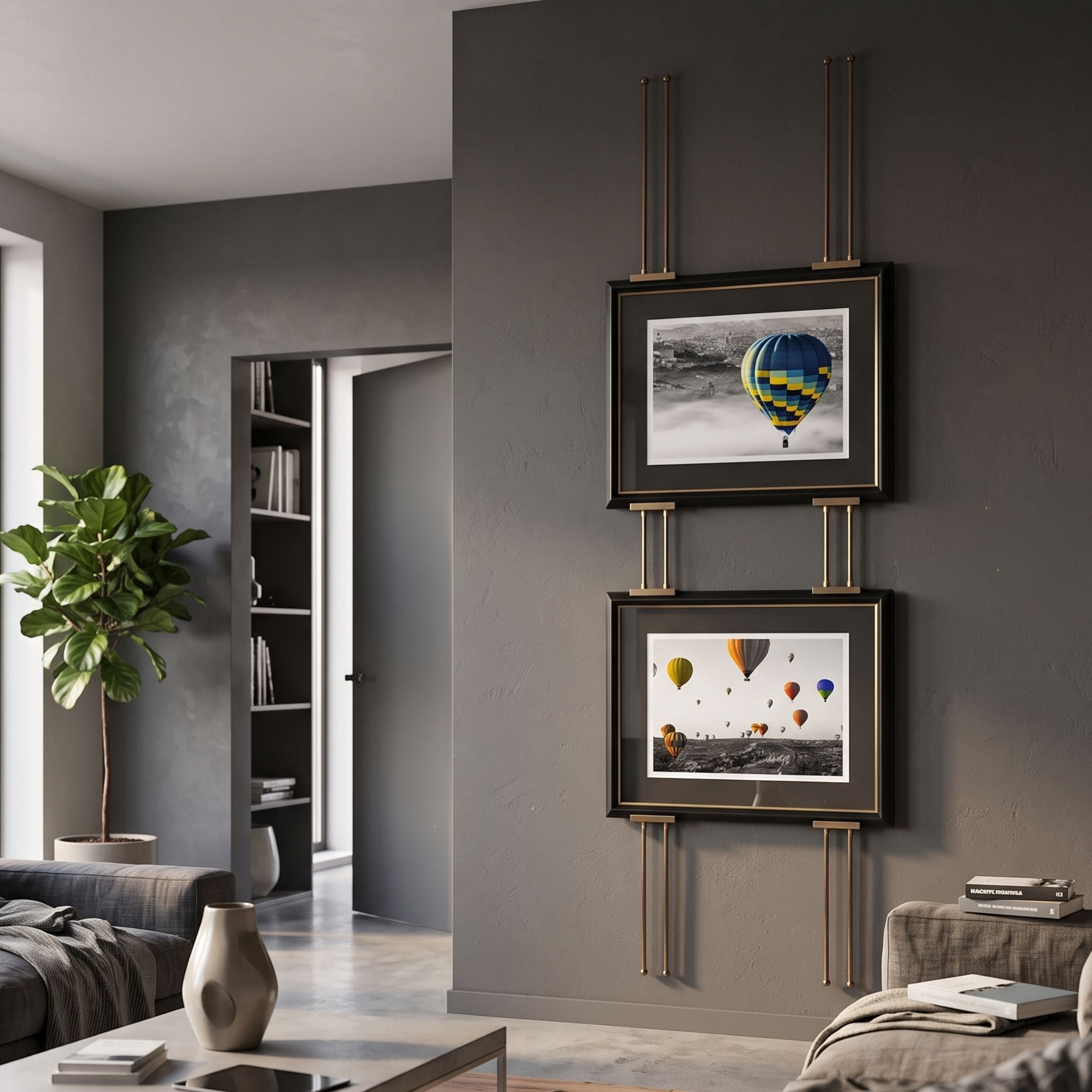 Imperia Vibrant Balloon Journey Dual Frame Metal Wall Art by Giant Sculptures, two black and gold frames suspended on brass rods above a sofa in a grey living room.