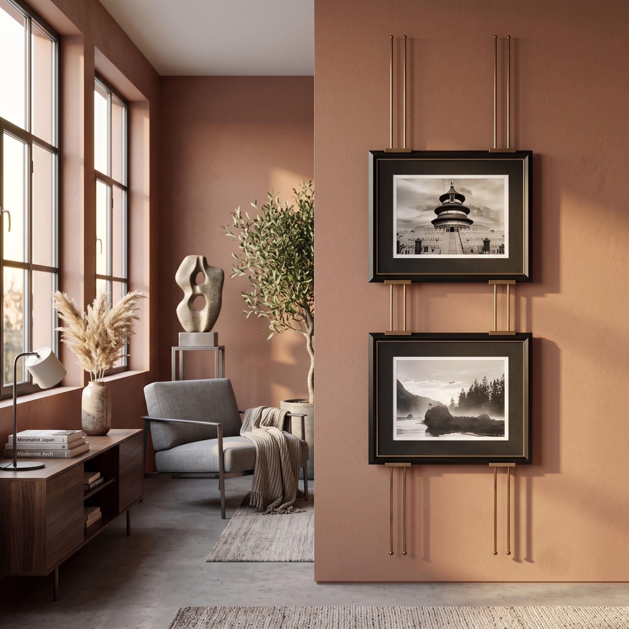 Imperia Temple and Misty Landscape Dual Frame Metal Wall Art by Giant Sculptures displayed on a terracotta wall beside a sitting area with grey armchair and sculpture.