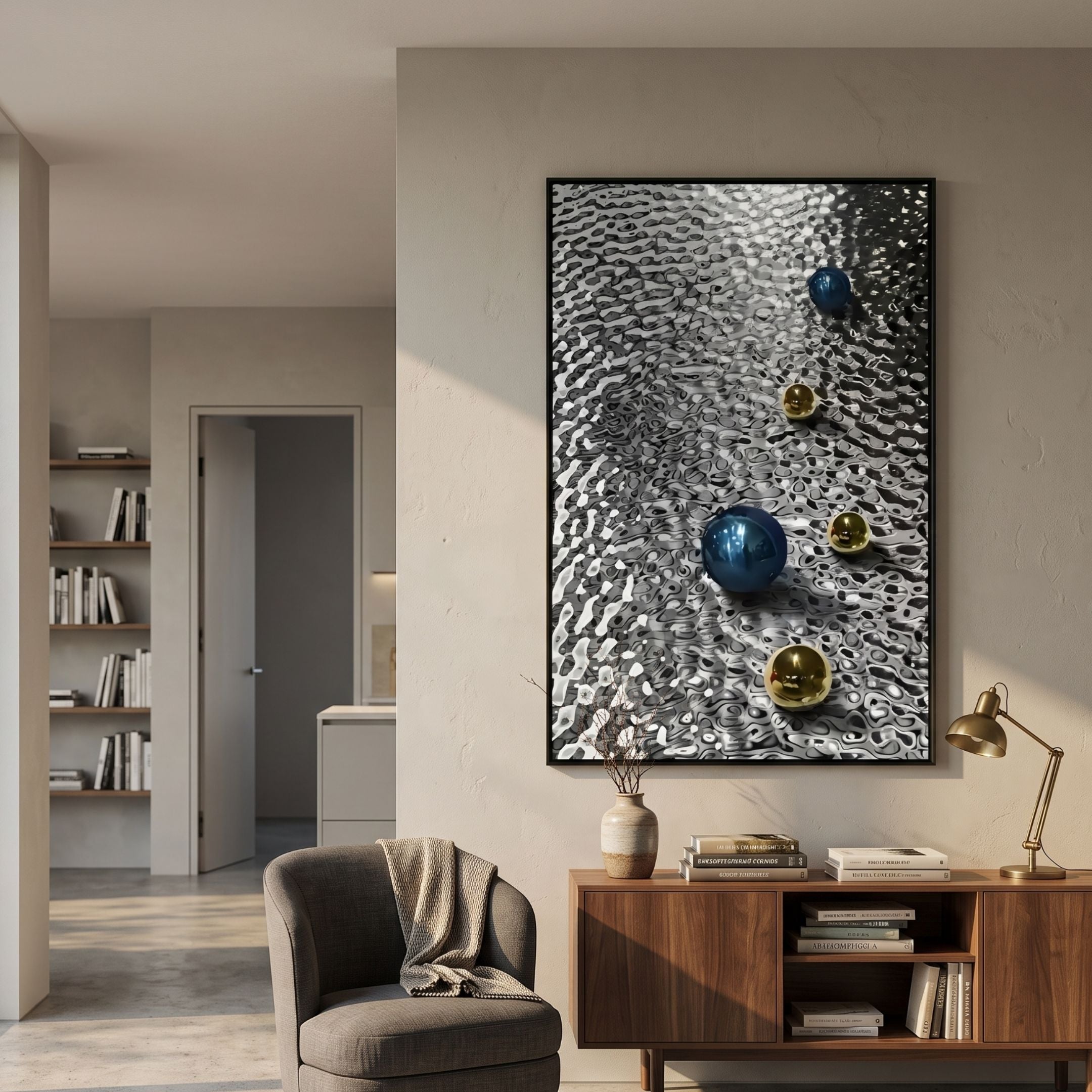 Luminosa Blue & Gold Orb Textured Metal 3D Wall Art by Giant Sculptures mounted above a walnut sideboard with armchair, brass lamp, and bookshelves nearby.