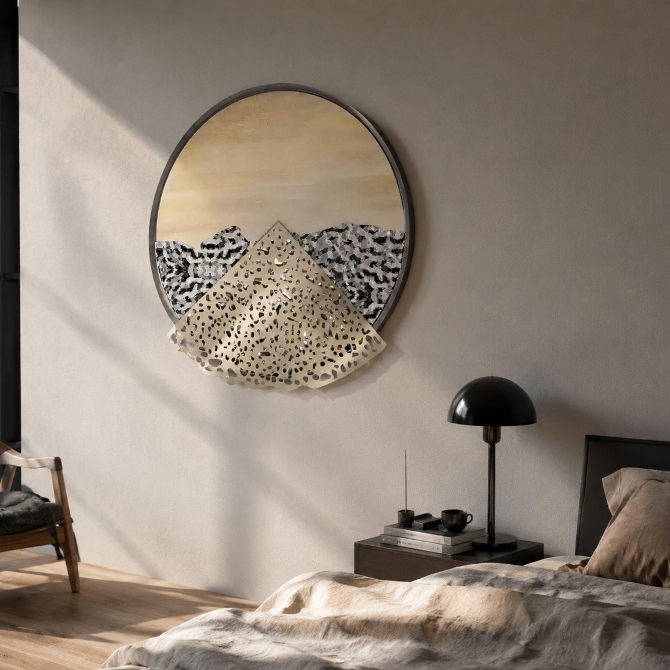 Aurelio Bottom Metallic Layered Textured Round Wall Art by Giant Sculptures, hung above a bedside table with black lamp in a neutral bedroom setting.