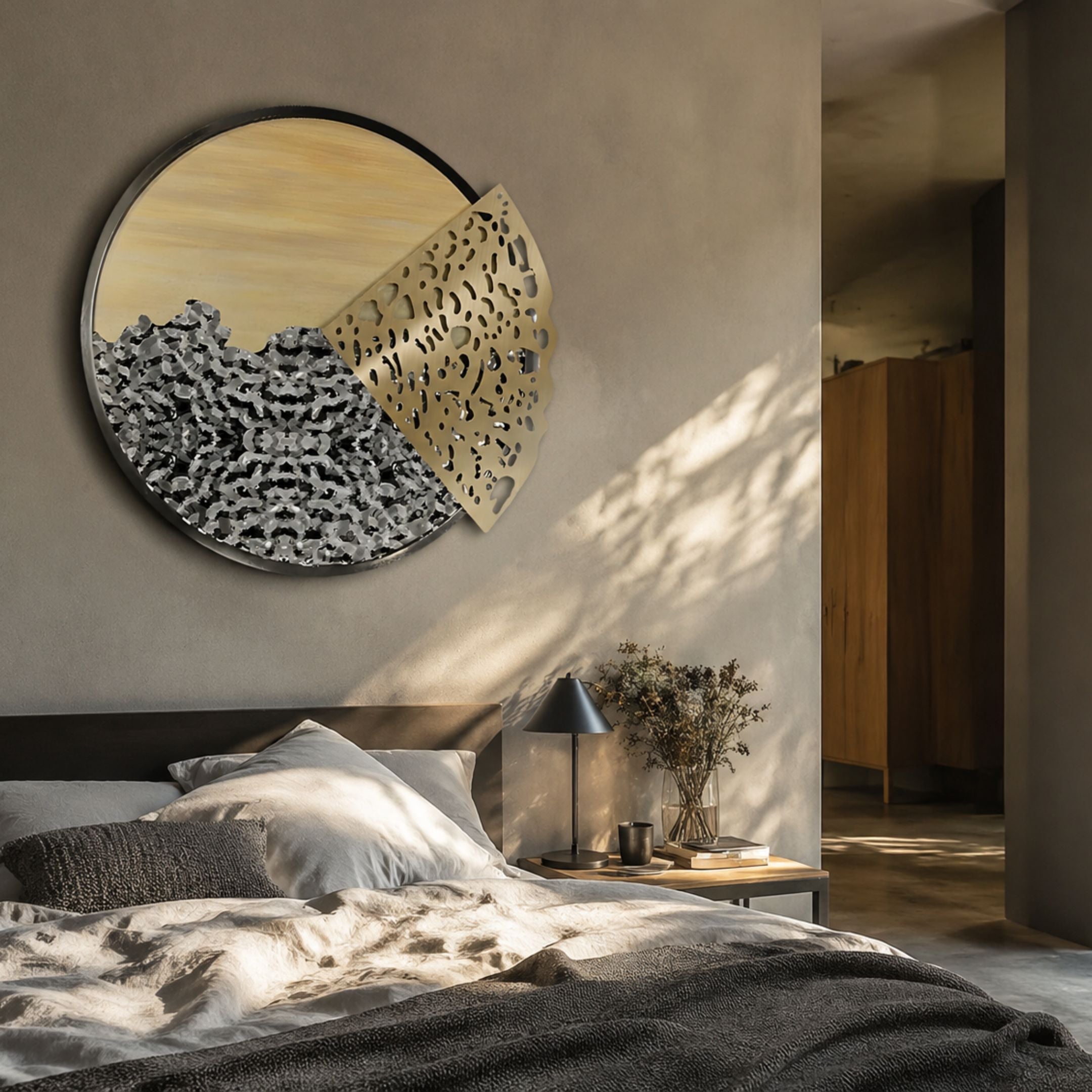 Aurelio Right Metallic Layered Textured Wall Art by Giant Sculptures mounted above a bed, featuring silver, beige, and peeled gold perforated layers.