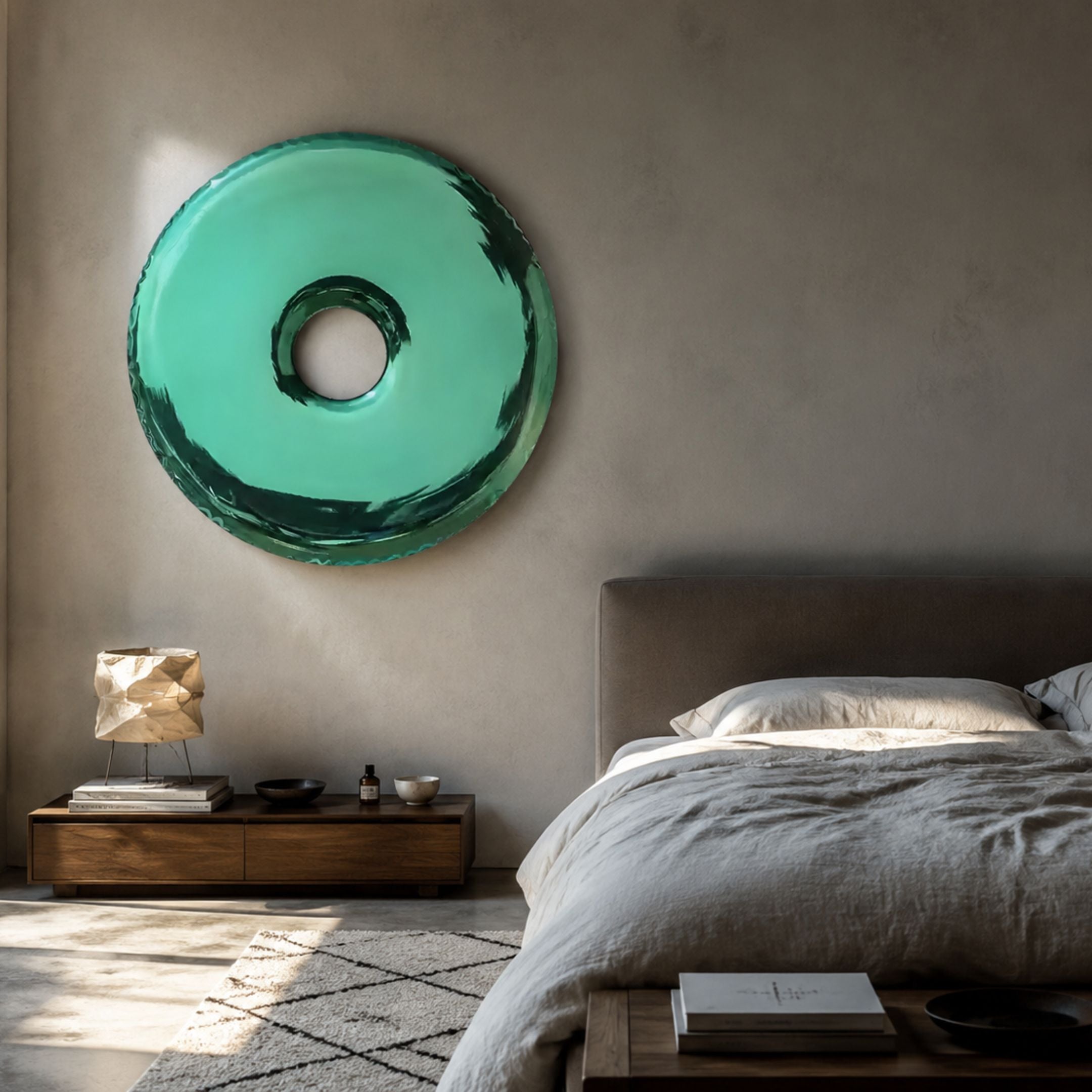Auro Emerald Round Gloss Metal 3D Wall Art by Giant Sculptures mounted above a wooden console in a bedroom beside a grey upholstered bed.