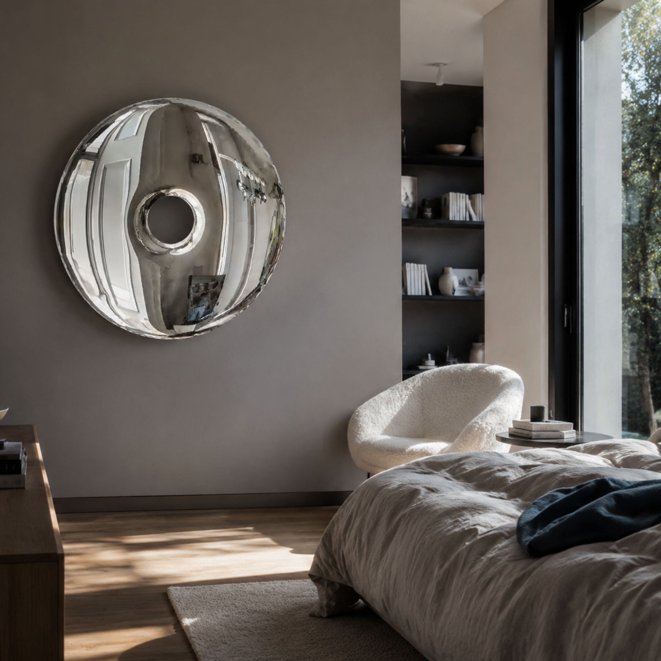 Auro Chrome Round Gloss Metal 3D Wall Art by Giant Sculptures mounted above a bed in a modern bedroom with a bouclé chair and built-in shelving.