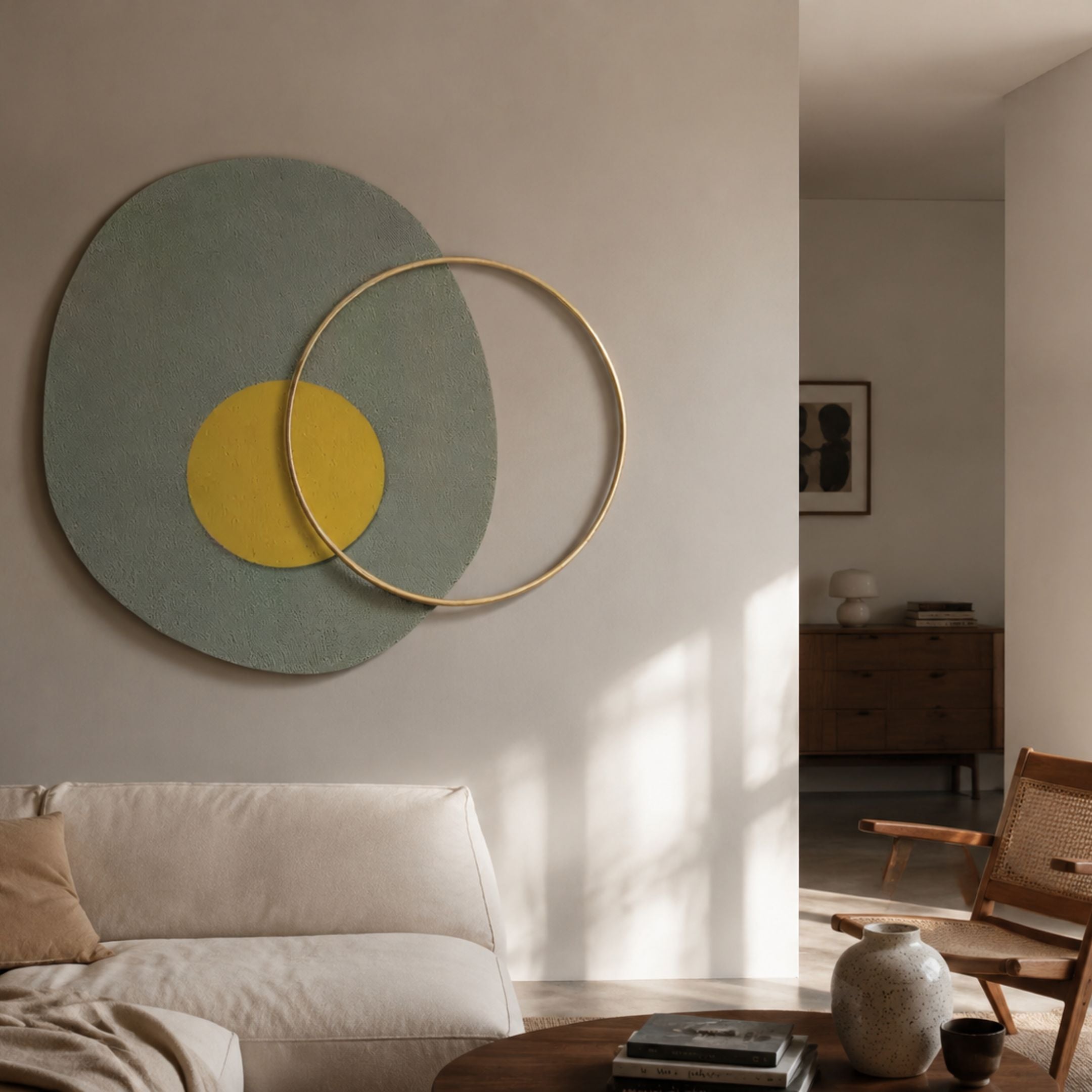 Solaro Calming Green & Yellow Round Mural Wall Art by Giant Sculptures, a textured green-grey oval with yellow centre and gold ring, above a cream sofa.