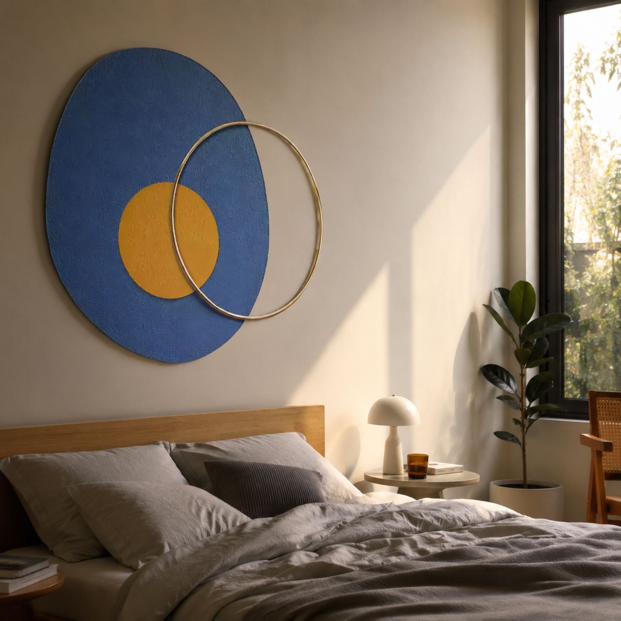 Solaro Radiant Blue & Yellow Round Mural Wall Art by Giant Sculptures displayed above a wooden bed with grey linens, beside a mushroom lamp and rubber plant.