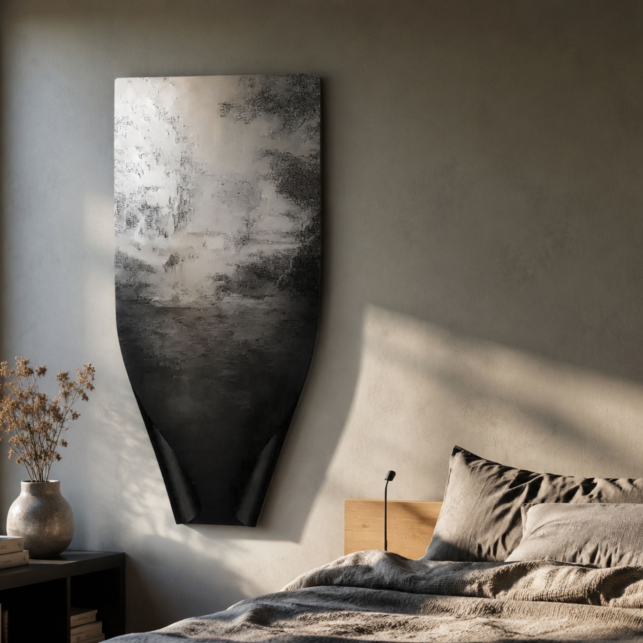Echo Forest Textured Abstract Panel by Giant Sculptures mounted above a bed, showing a tapered black and silver etched forest scene in a neutral bedroom.