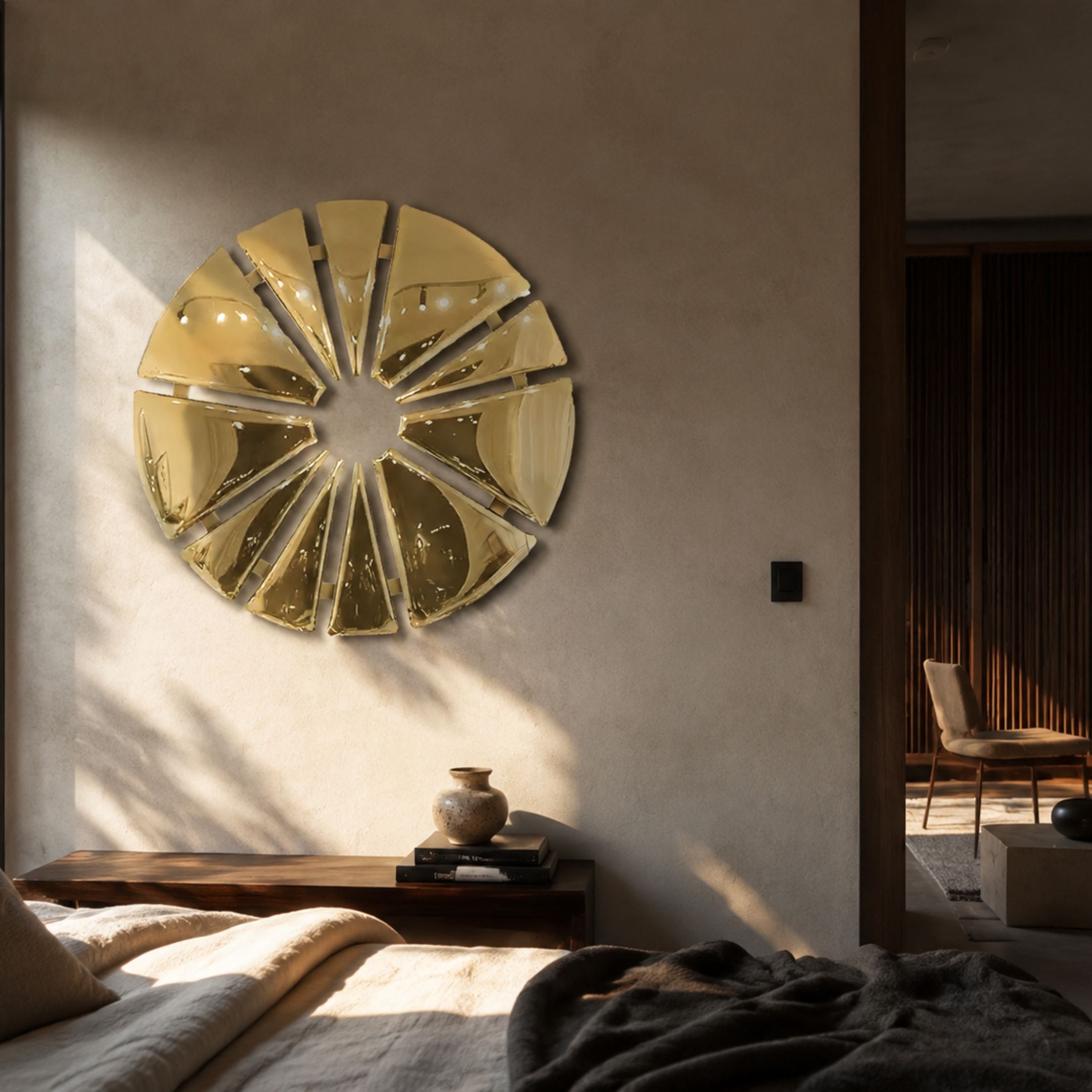 Halo Gold Segment Circle 3D Metal Wall Art by Giant Sculptures mounted on a beige bedroom wall above a wooden console with books and a ceramic vase.