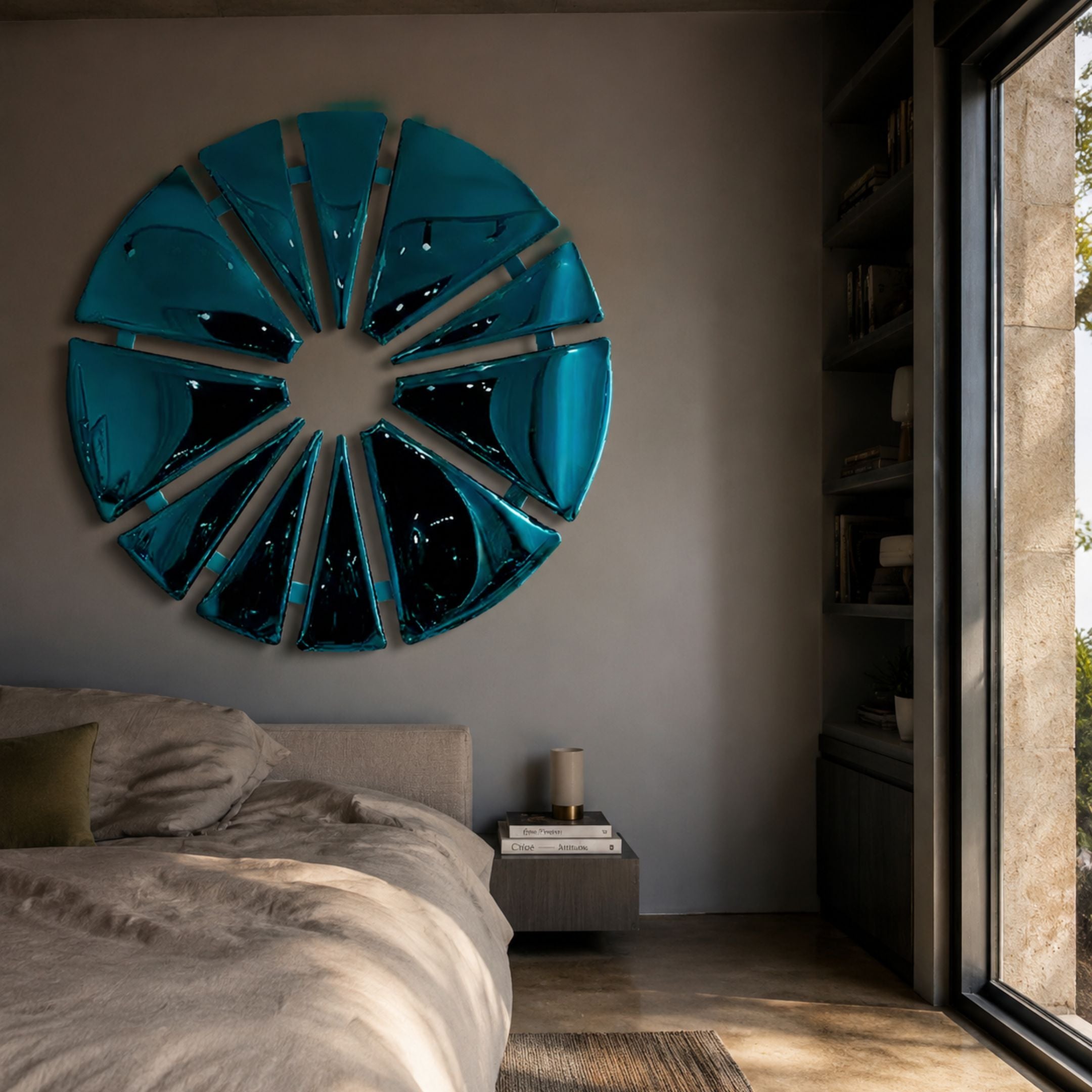 Halo Aqua Segment Circle 3D Metal Wall Art mounted above a bed, with turquoise glass wedges radiating around a central void on a grey wall.