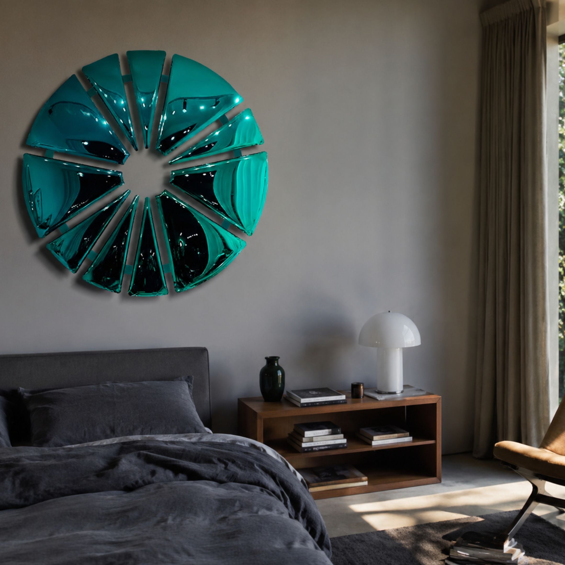 Halo Emerald Segment Circle 3D Metal Wall Art by Giant Sculptures mounted above a dark grey bed and wooden nightstand in a modern bedroom.