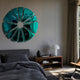 Halo Emerald Segment Circle 3D Metal Wall Art by Giant Sculptures mounted above a dark grey bed and wooden nightstand in a modern bedroom.