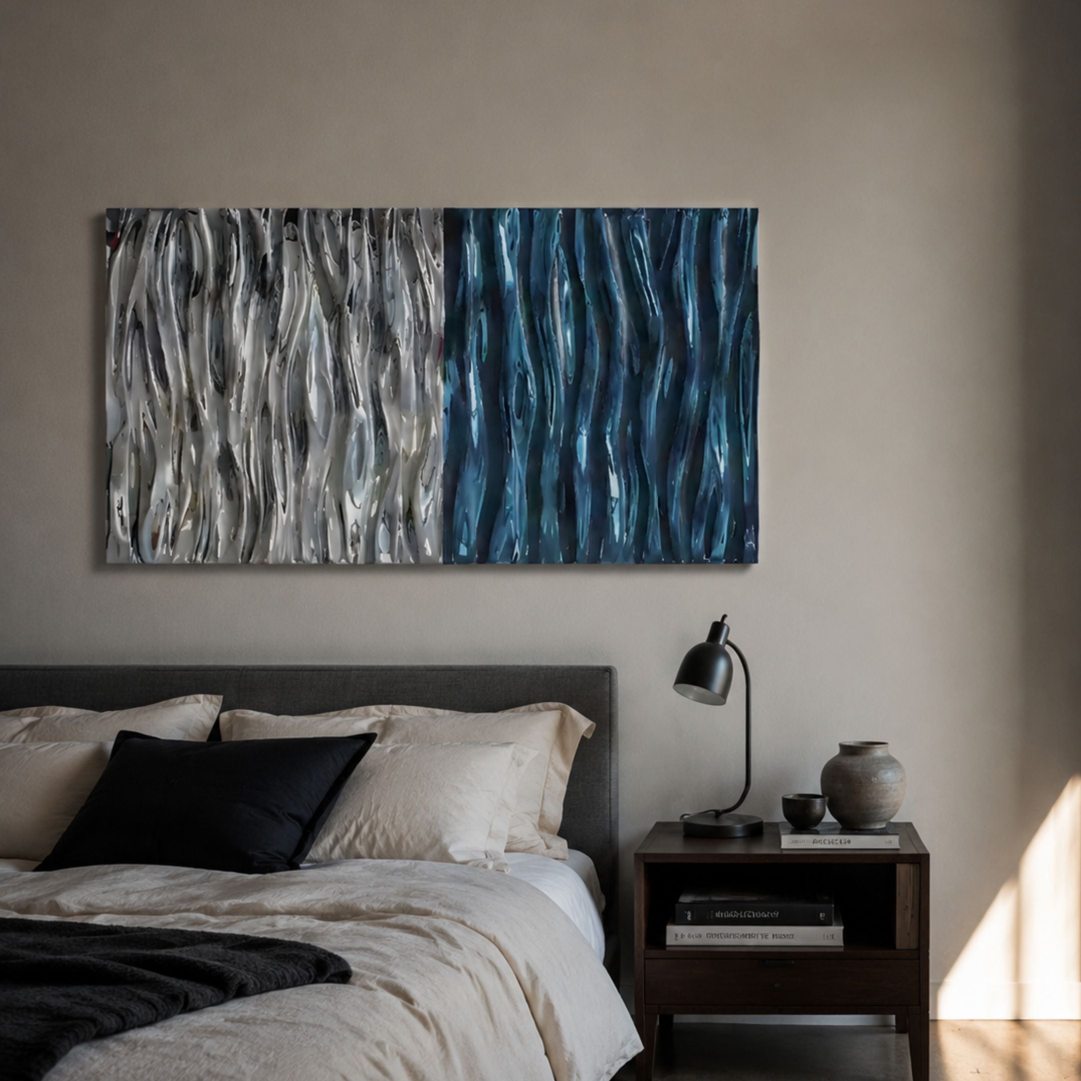 Ripple Dual-Tone Chrome & Blue Textured 3D Wall Art by Giant Sculptures mounted above a grey upholstered bed with linen bedding and a dark wood nightstand.
