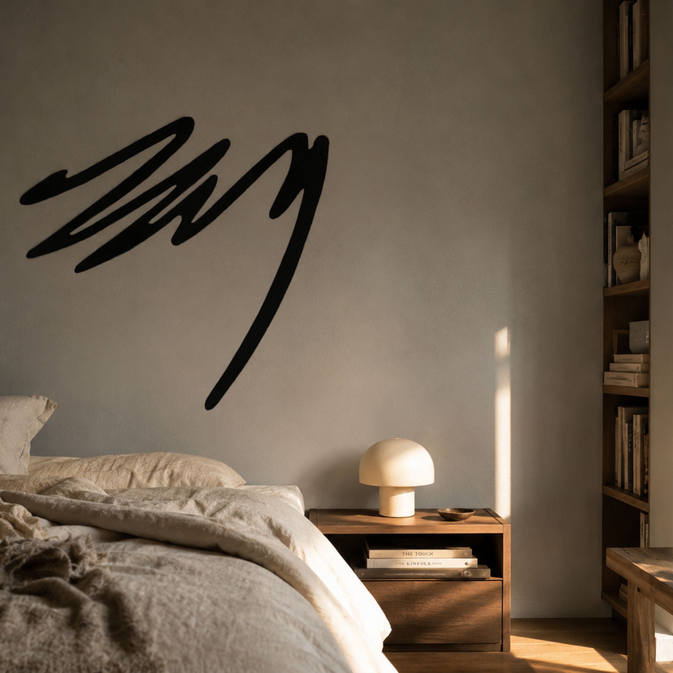 Oscura Angular Surge Black Abstract Metal Wall Art mounted above a bed beside a wooden nightstand with a mushroom lamp and a tall bookshelf.