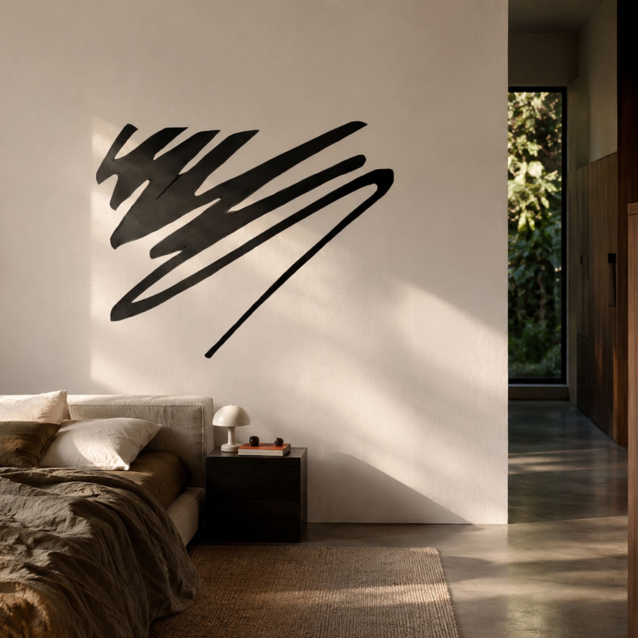Oscura Wave Crest Black Abstract Metal Wall Art by Giant Sculptures displayed above a dark bedside table in a minimalist bedroom with cream walls and linen bedding.