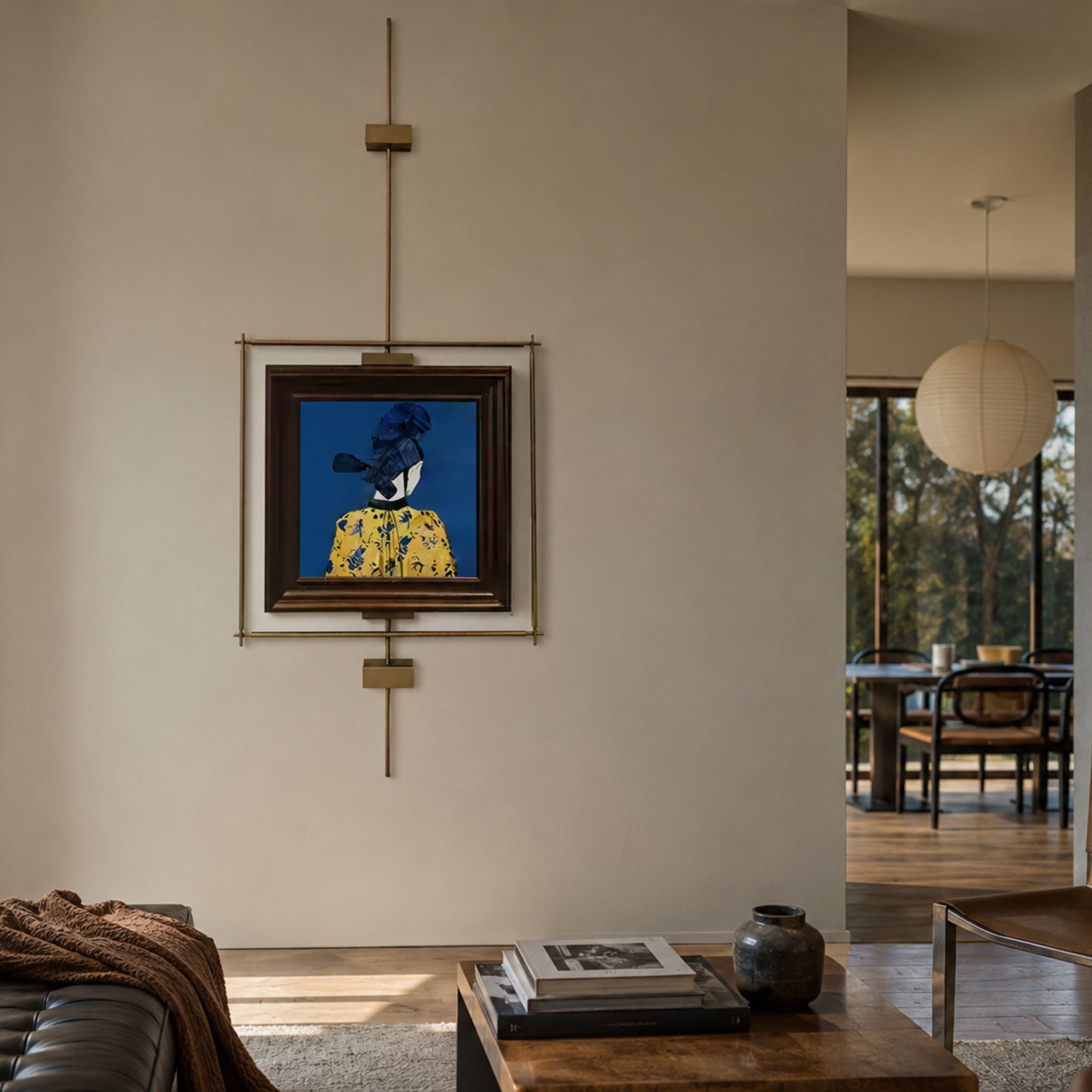 Ethereal Frames Regal Blue Portrait Suspended Wall Art by Giant Sculptures, displayed on a neutral living room wall above a wooden coffee table near a leather sofa.