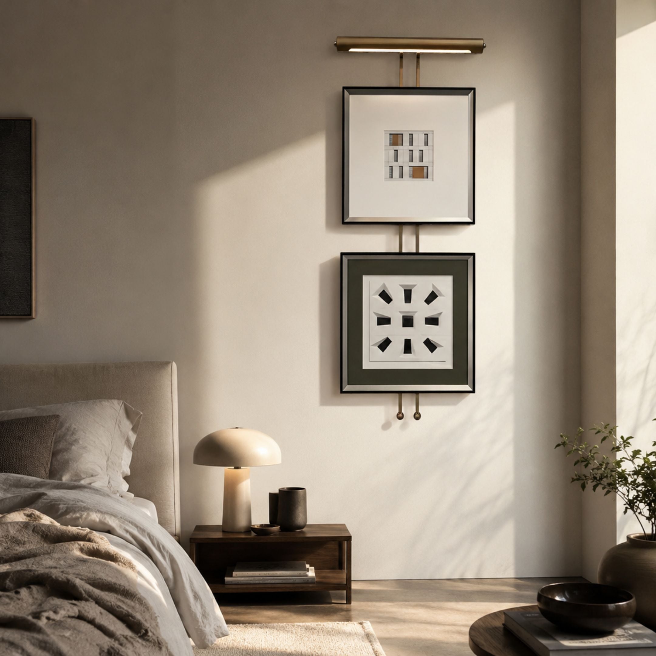Artisera Grid Motif Dual Frame Built-In Light Wall Art mounted above a wood nightstand in a neutral bedroom, with grid and angular black motifs in black, white, and green.