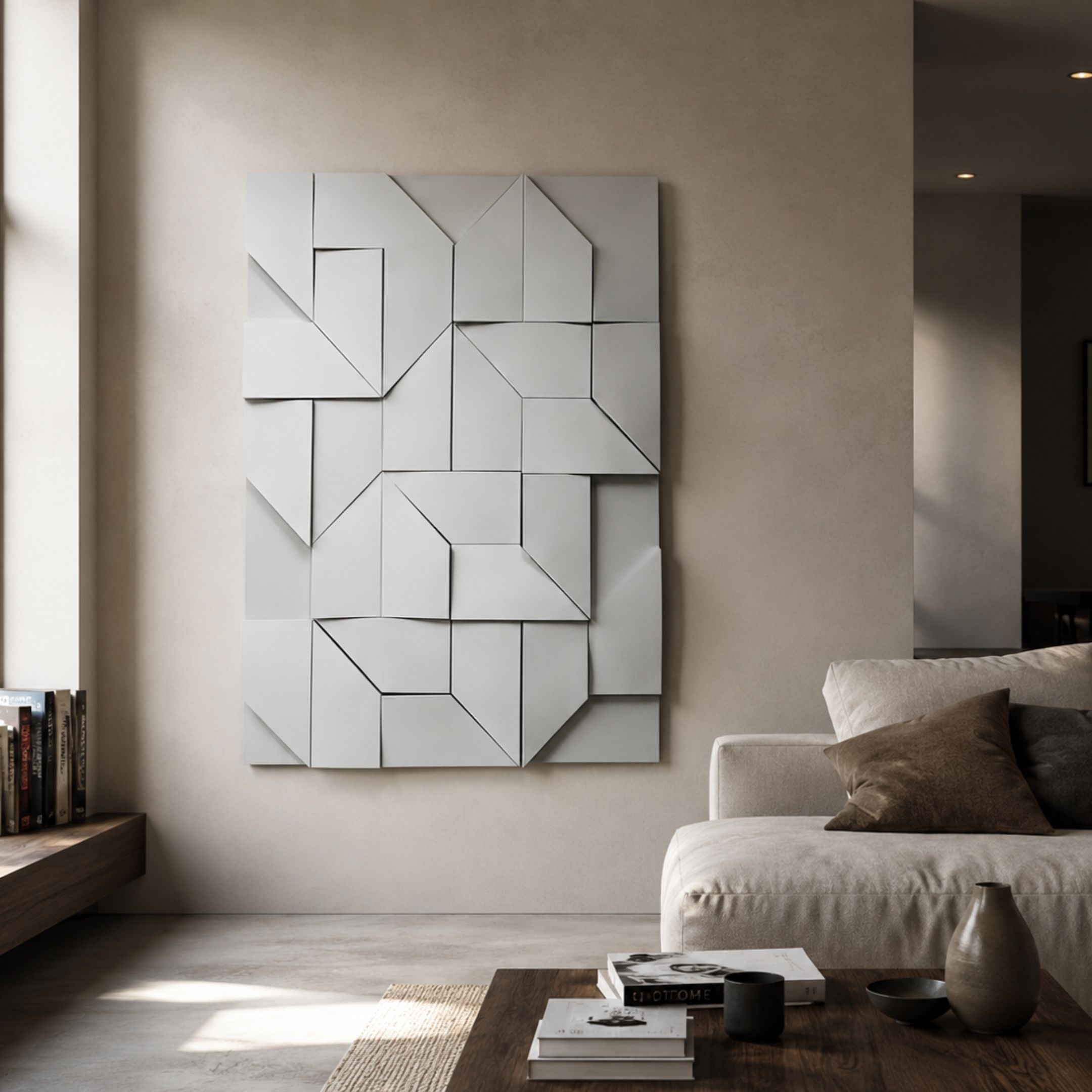 Prisma White Geometric Panel 3D Wall Art by Giant Sculptures mounted on a beige wall in a modern living room with a neutral sofa and wooden coffee table.