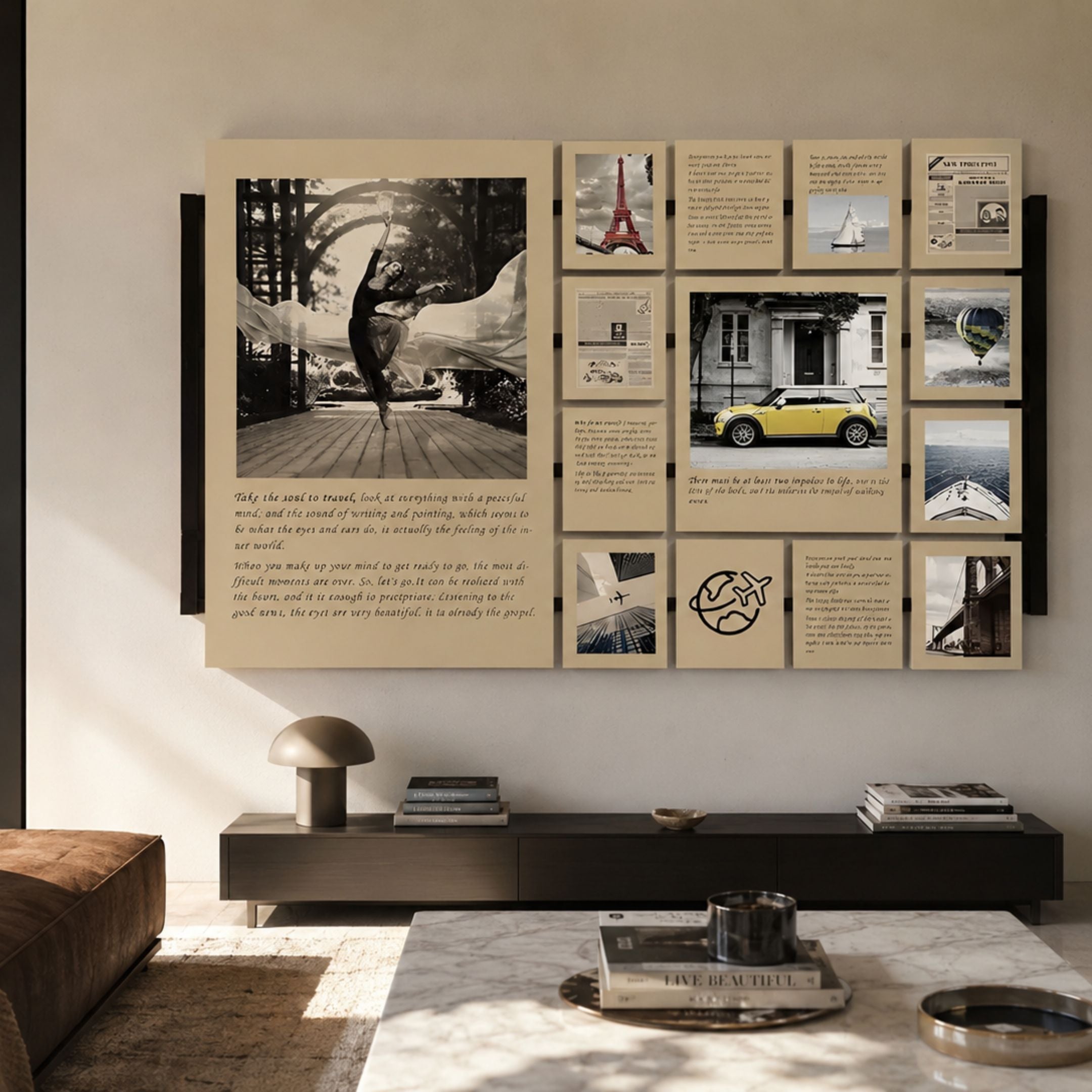 Momento Wanderlust Reversible Multi-Panel Wall Art by Giant Sculptures displayed above a dark media console, featuring a ballerina, Eiffel Tower, yellow retro car, and travel quote panels in black and brown tones.