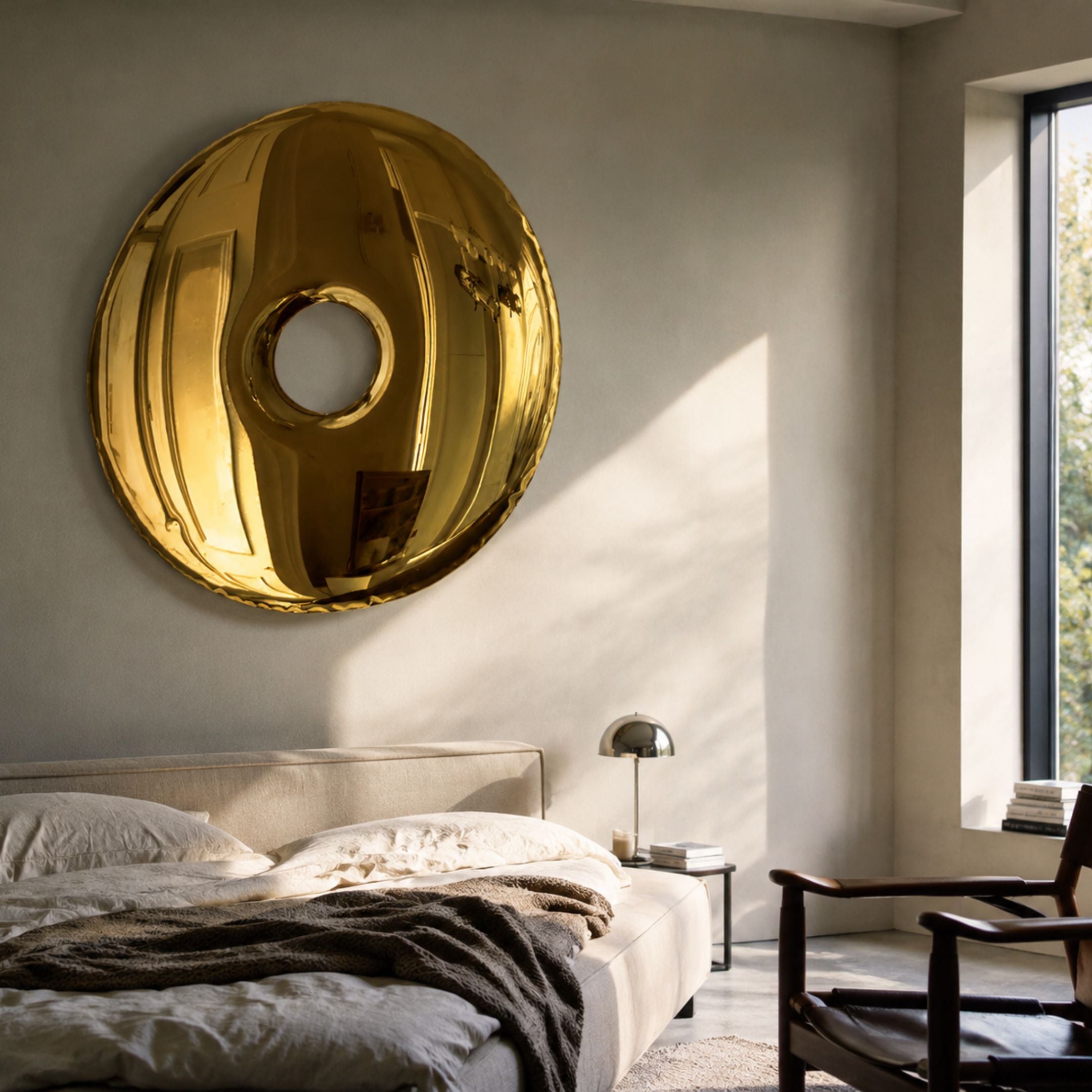 Auro Gold Round Gloss Metal 3D Wall Art by Giant Sculptures, a mirror-polished gold ring sculpture mounted above an upholstered bed in a sunlit bedroom.