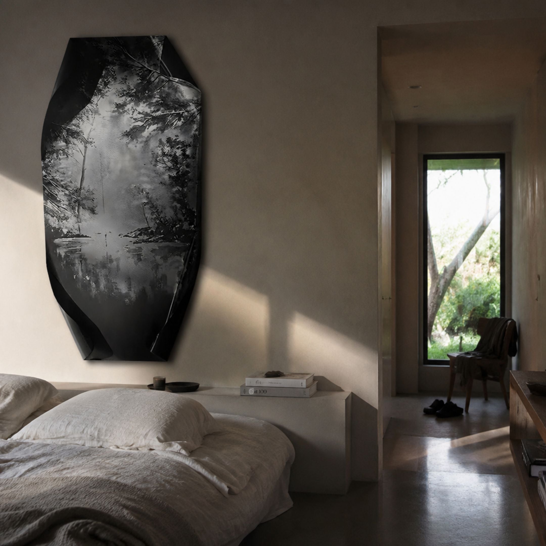 Echo Waterscape Abstract Panel Metal Etched 3D Wall Art mounted on a plaster bedroom wall, monochrome forest and reflection design above a linen bed and hallway view.