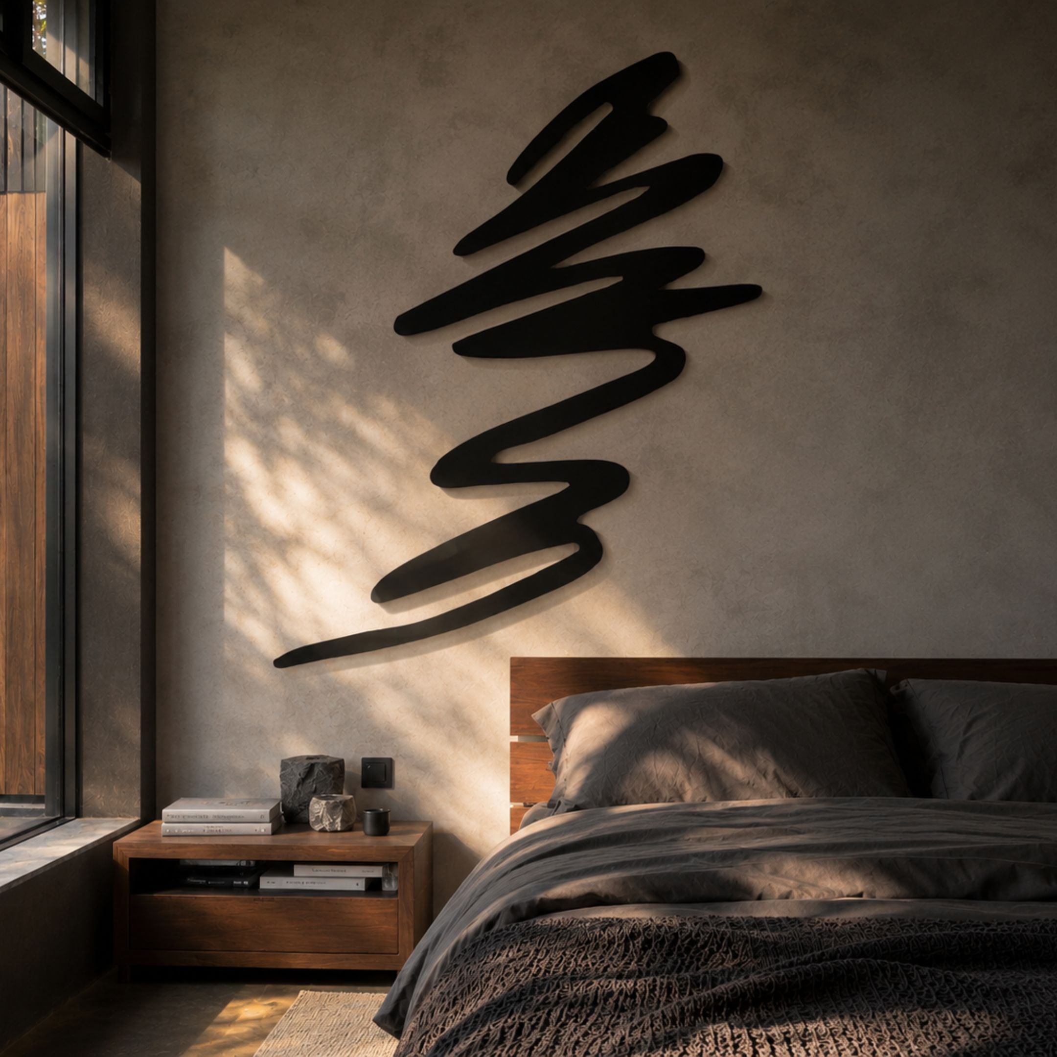 Oscura Energy Spiral Black Abstract Wall Art by Giant Sculptures, a matte black zigzag iron line mounted above a wooden nightstand in a sunlit bedroom.