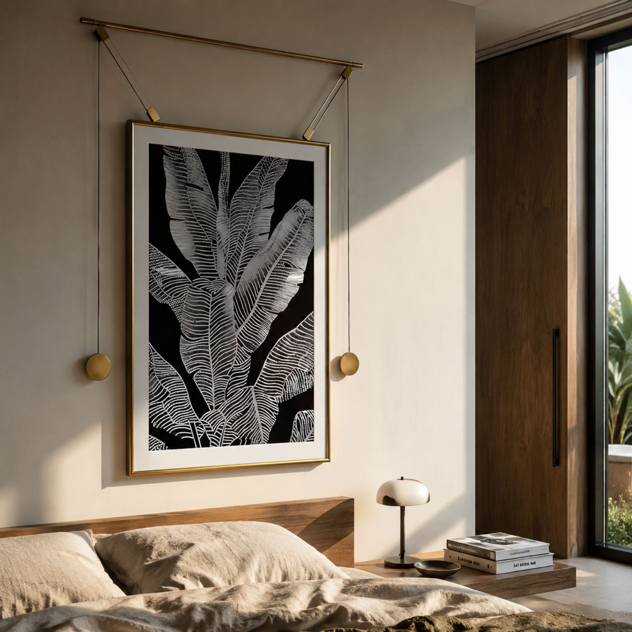Glacia Monochrome Botanical Crystal Hanging Framed Wall Art by Giant Sculptures, white porcelain banana leaves on black in a gold frame, displayed above a bedroom headboard.