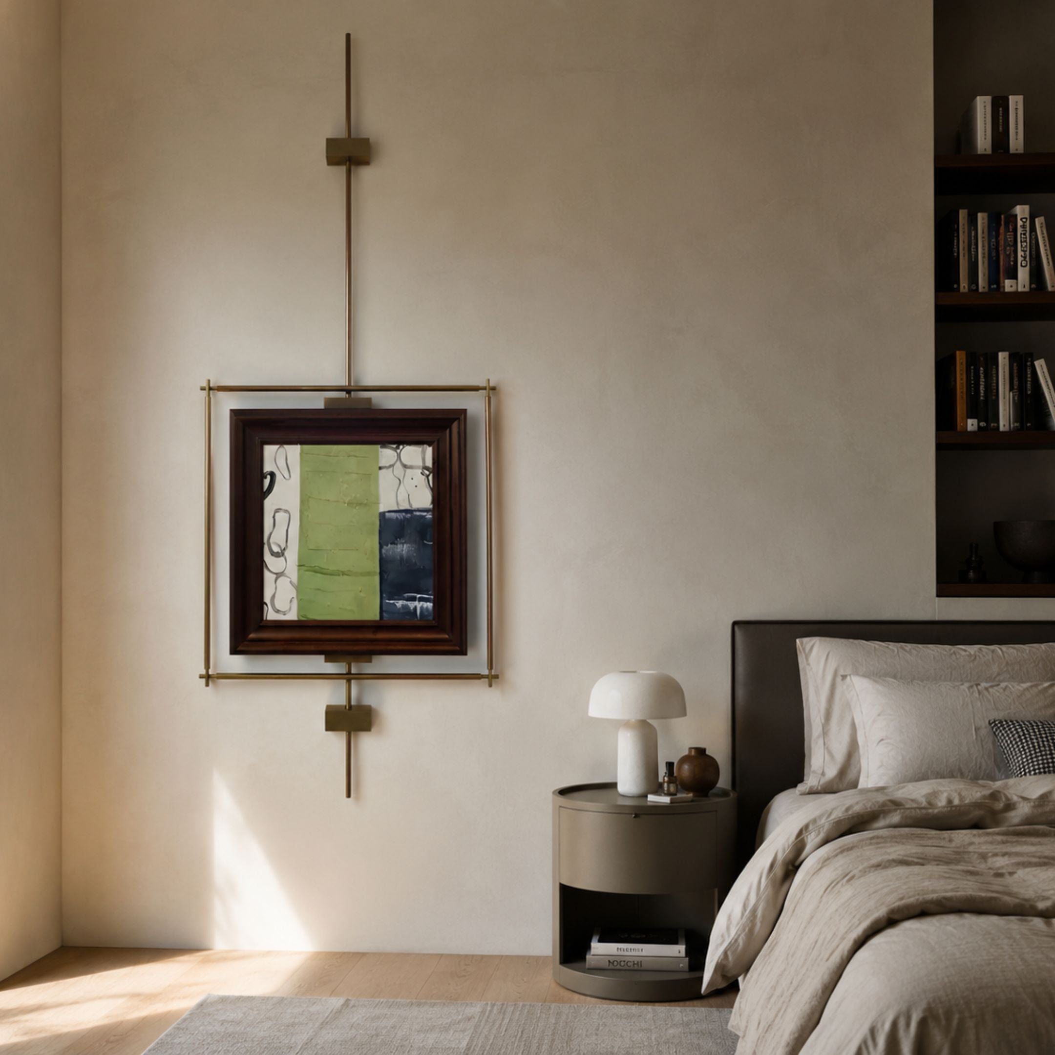 Ethereal Frames Abstract Green Vintage Suspended Wall Art by Giant Sculptures, displayed on a warm neutral bedroom wall beside a round nightstand and upholstered bed.