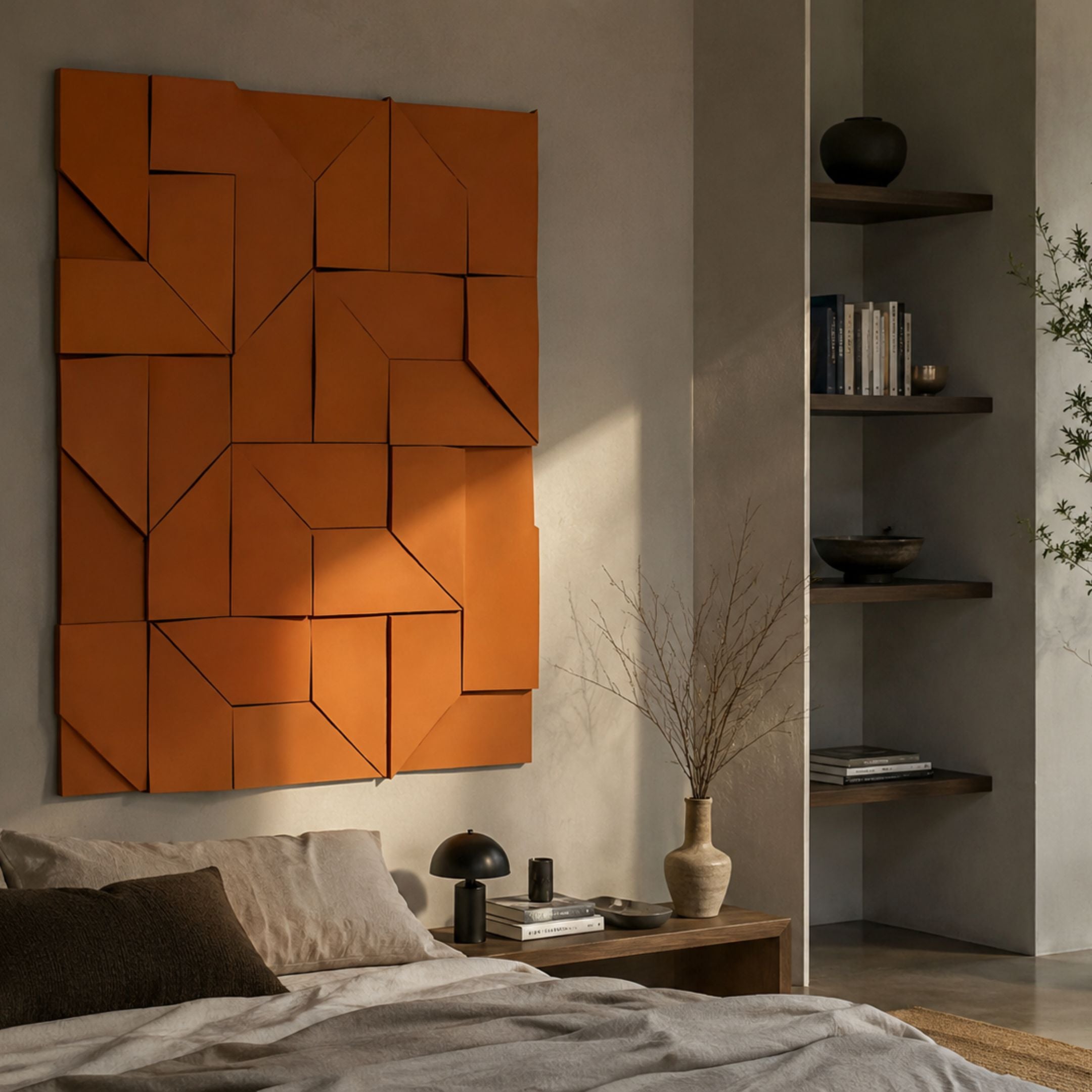 Prisma Orange Geometric Panel 3D Wall Art by Giant Sculptures mounted above a bed, beside dark wood shelves with books and a vase of branches.