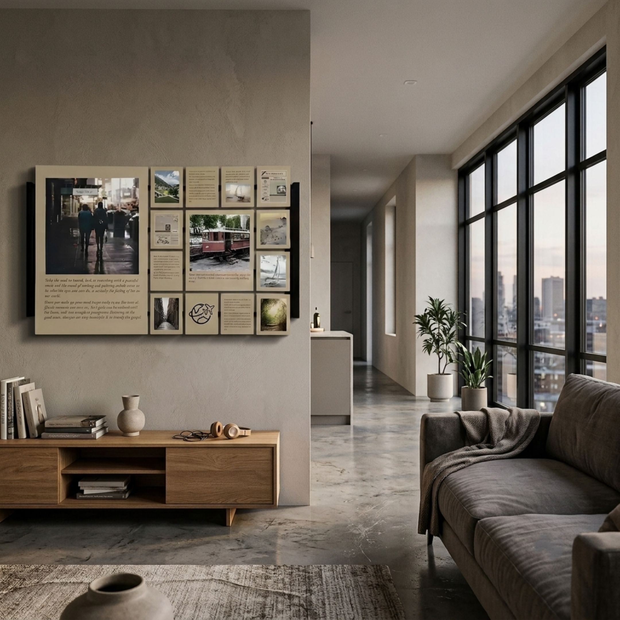 Momento Travel-Inspired Reversible Multi-Panel Wall Art by Giant Sculptures displayed in a modern living room above a wooden console beside large windows.