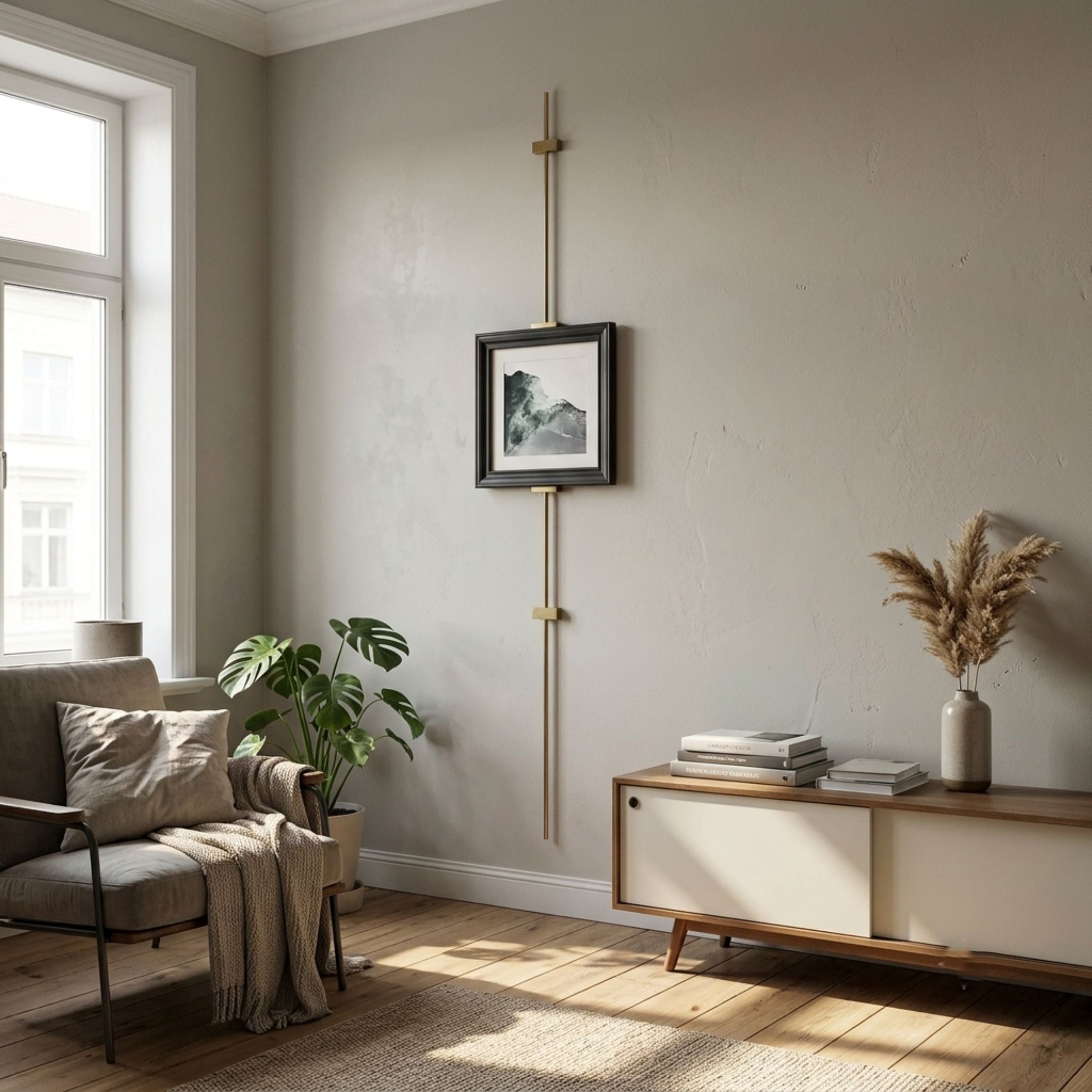 Ecliptica Mountain Landscape Gold Frame Wall Art by Giant Sculptures suspended from a brass vertical picture rail in a Scandinavian living room with monstera plant and oak sideboard.
