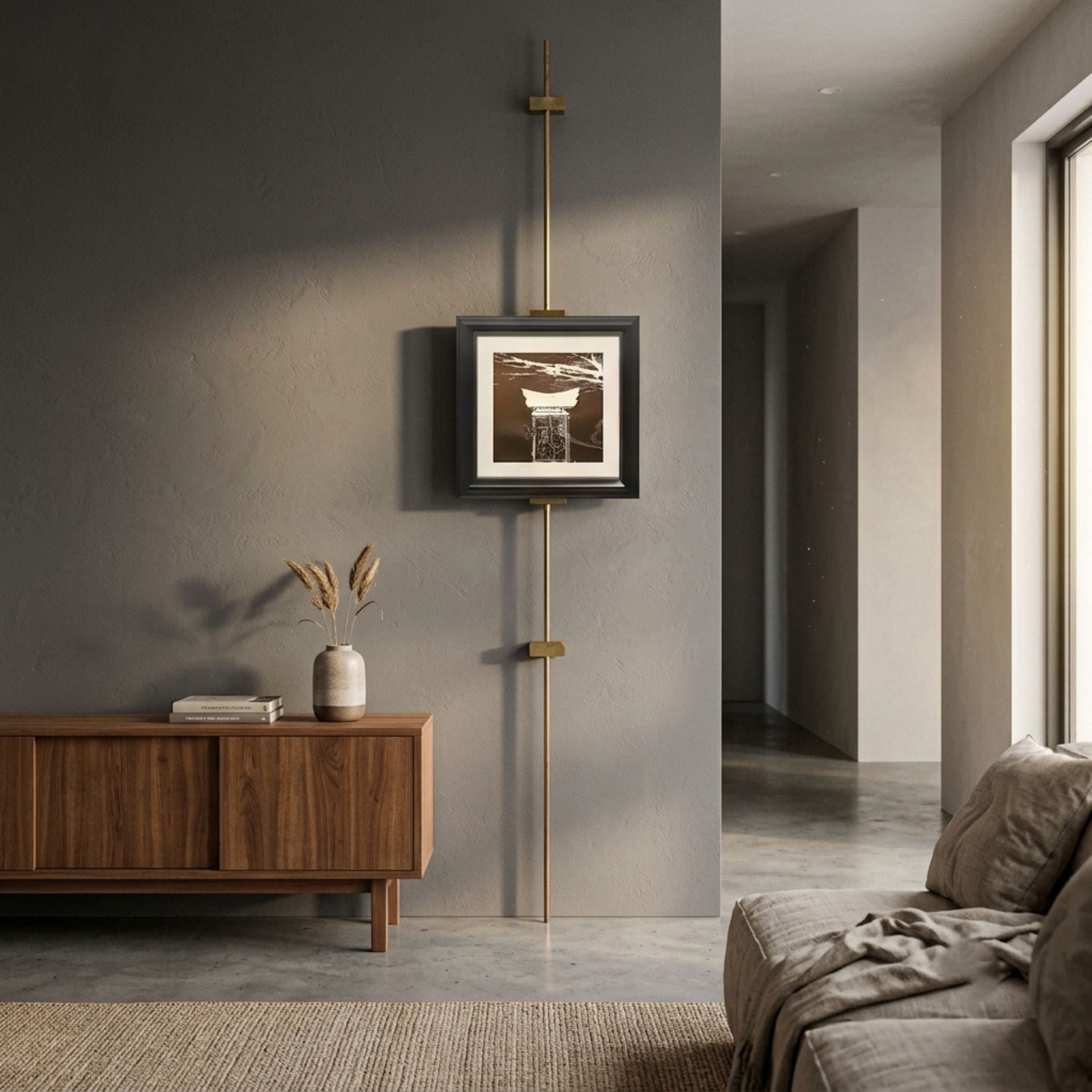 Ecliptica Abstract Architectural Column Gold Frame Wall Art suspended on a brass rod against a grey wall above a walnut sideboard in a modern living room.