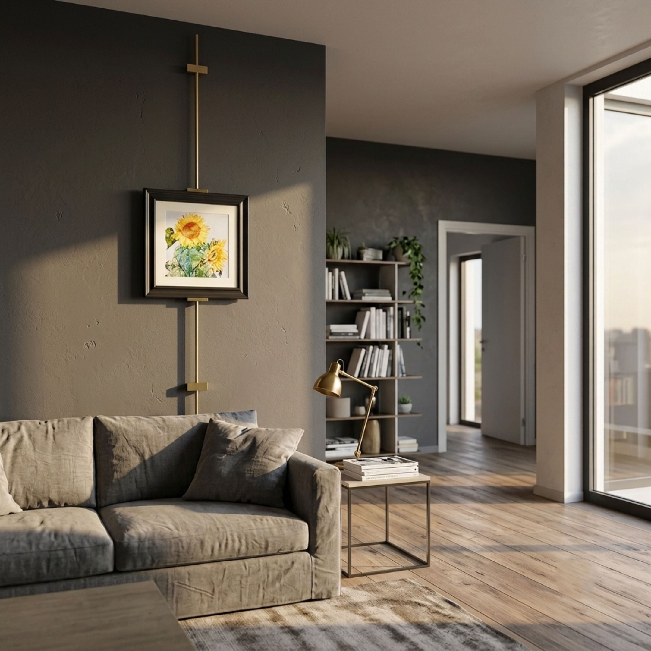 Ecliptica Sunflower Botanical Illustration Gold Frame Wall Art by Giant Sculptures mounted on a dark grey wall above a linen sofa in a modern living room.