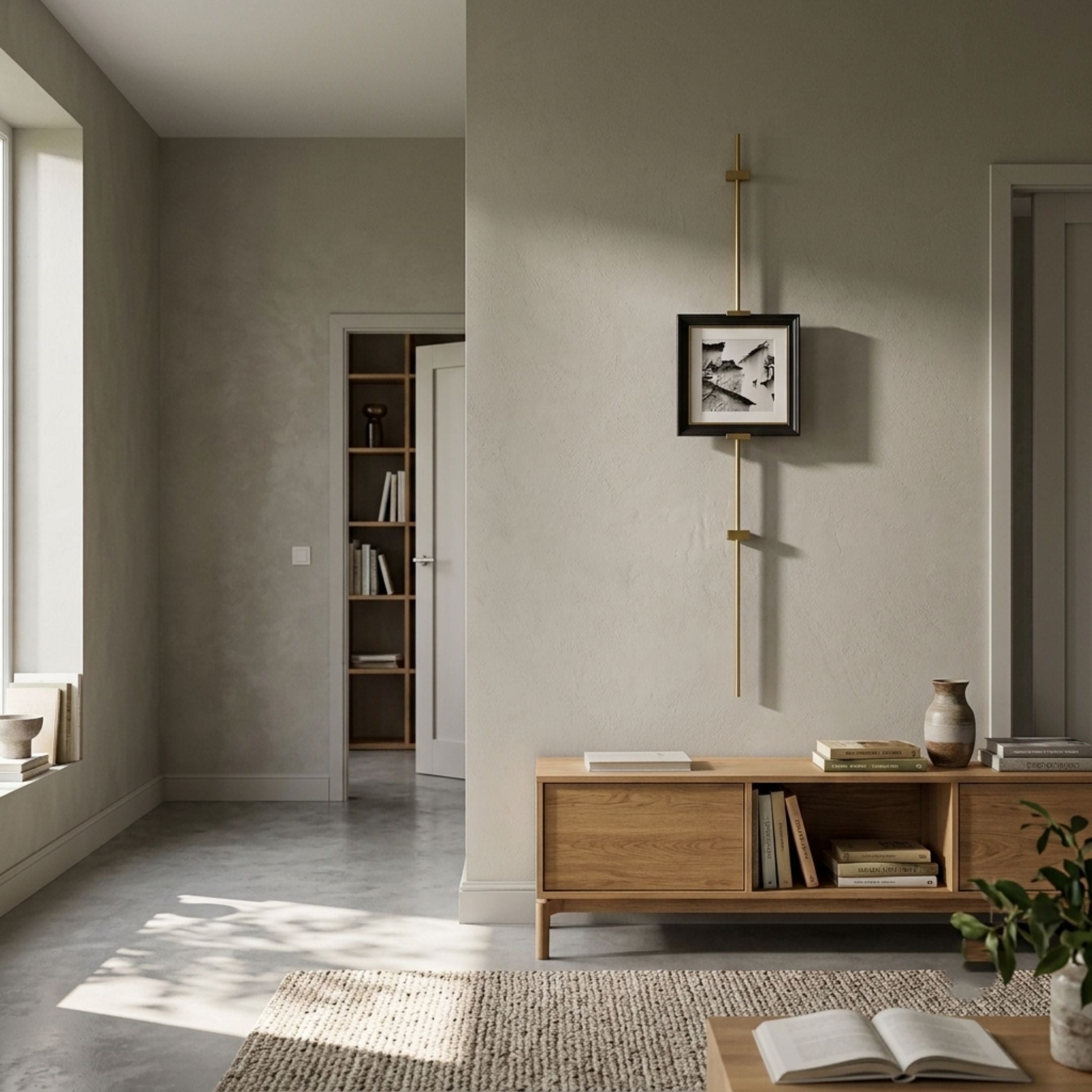 Ecliptica Fragmented Geometric Gold Frame Wall Art mounted on a pale wall above a wooden console in a minimalist neutral living room with concrete floor.