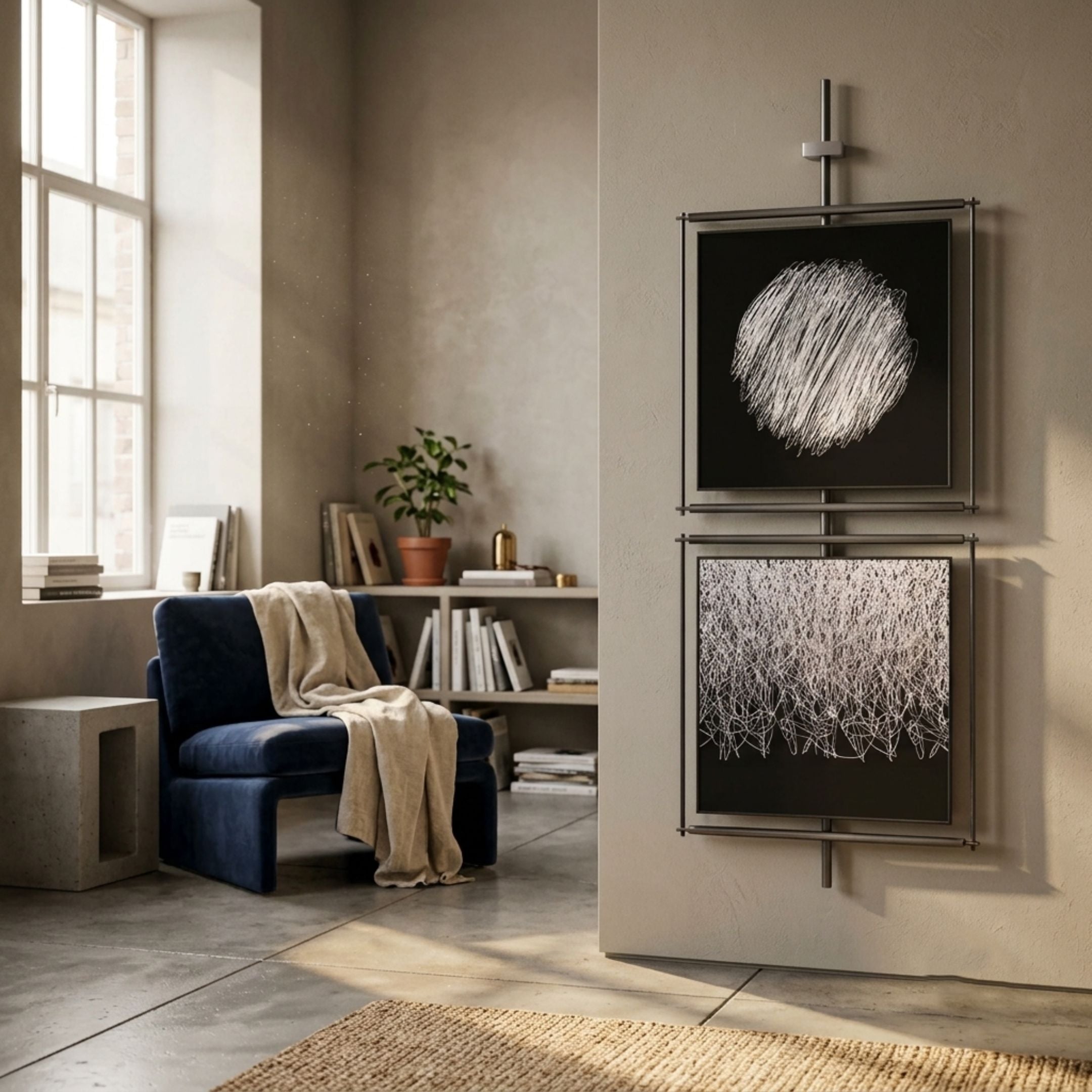 Vistarte Lunar Textures Abstract Dual Panel Metal Wall Art by Giant Sculptures, mounted on a neutral wall beside a navy armchair, bookshelf, and sunlit window.