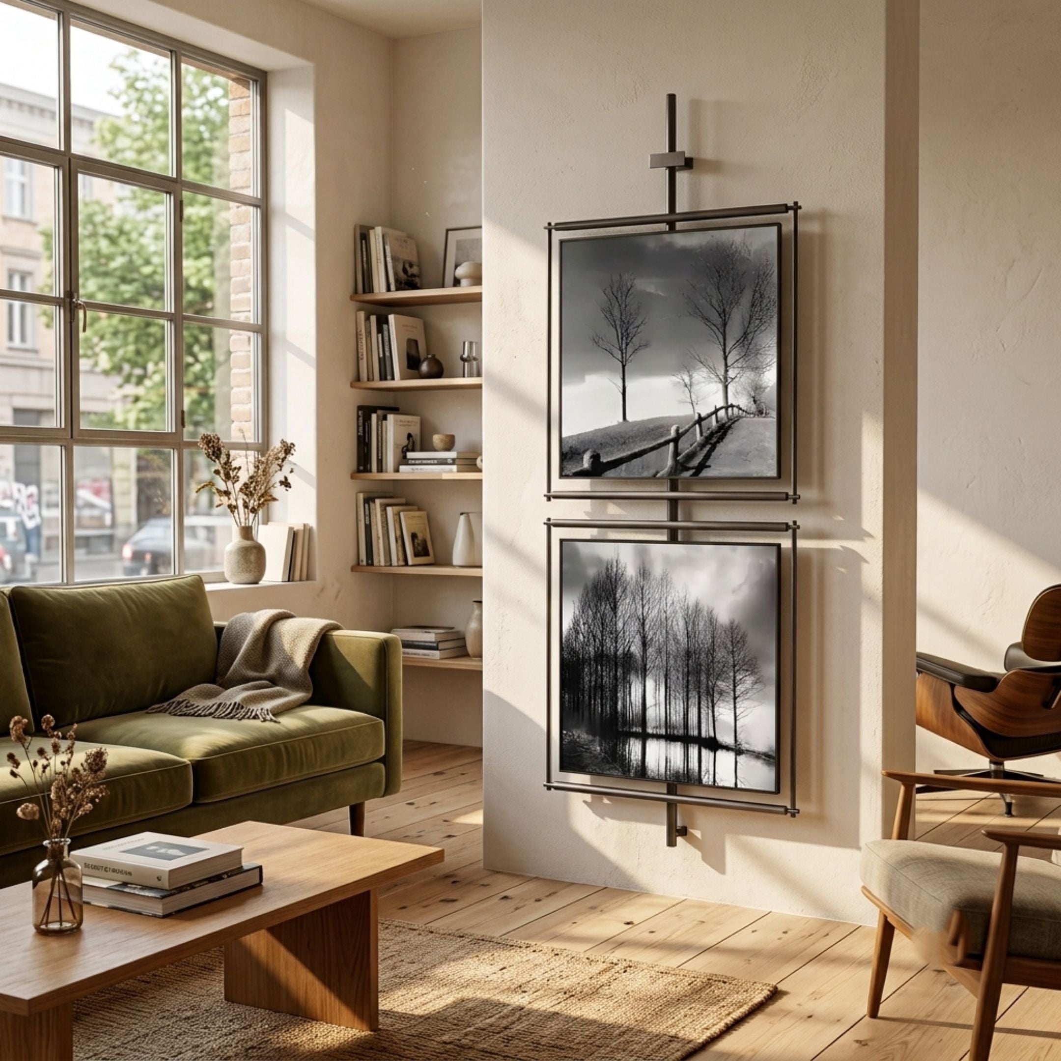Vistarte Landscapes Abstract Dual Panel Metal Wall Art displayed vertically on a slim rod, showing monochrome bare trees above a green sofa in a sunlit living room.