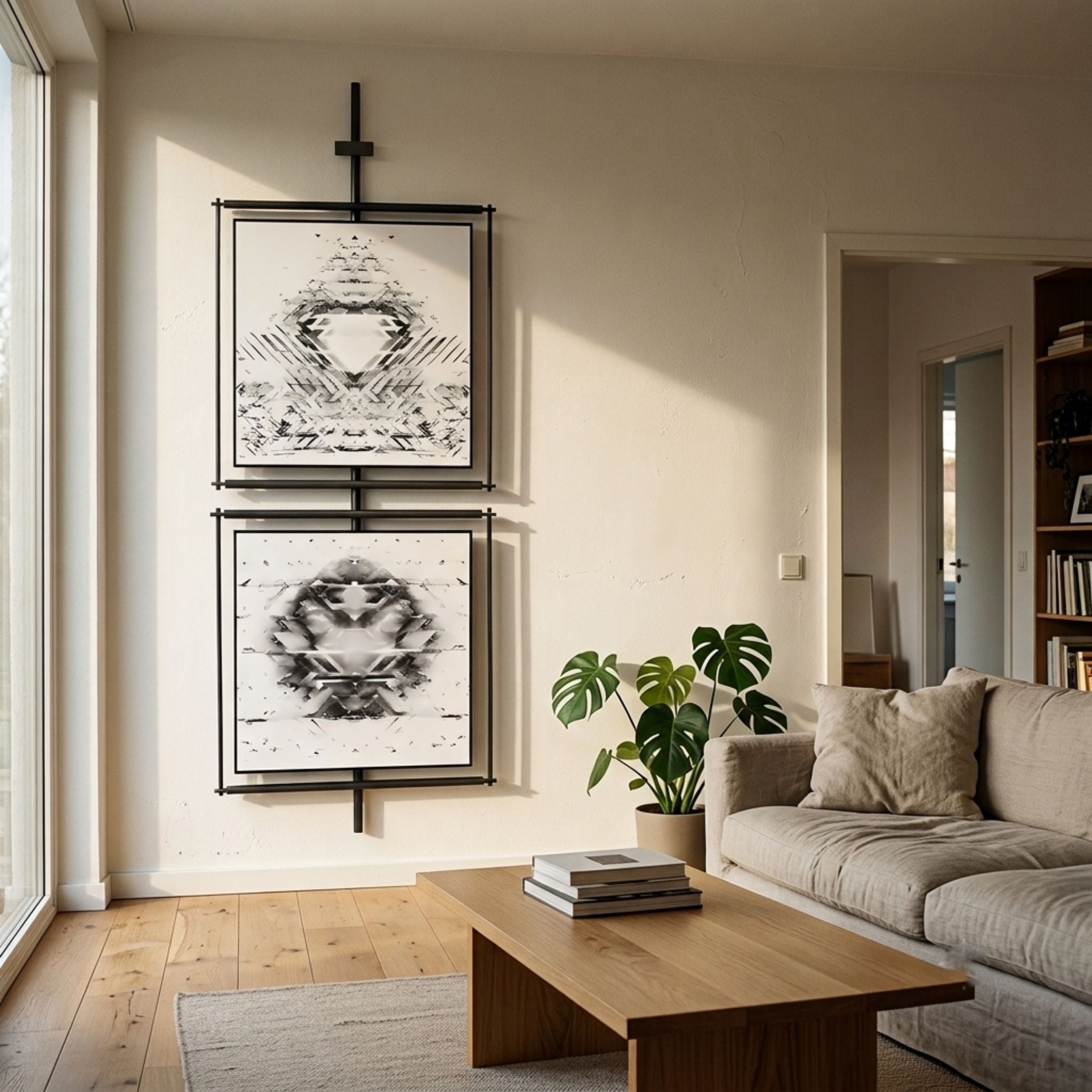 Vistarte Geometric Illusions Abstract Dual Panel Metal Wall Art by Giant Sculptures, two stacked black-and-white symmetrical reliefs mounted on a living room wall beside a beige sofa and monstera plant.