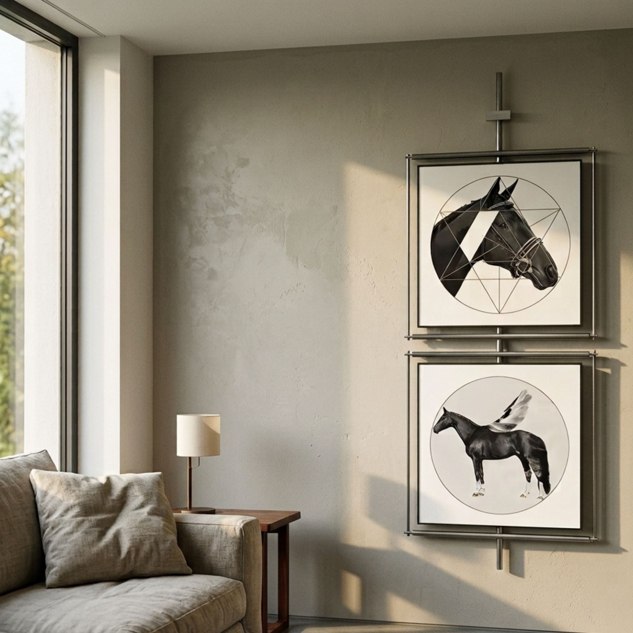 Vistarte Mythical Horse Abstract Dual Panel Metal Wall Art mounted vertically above a sofa and side table, with geometric horse head and winged horse panels.