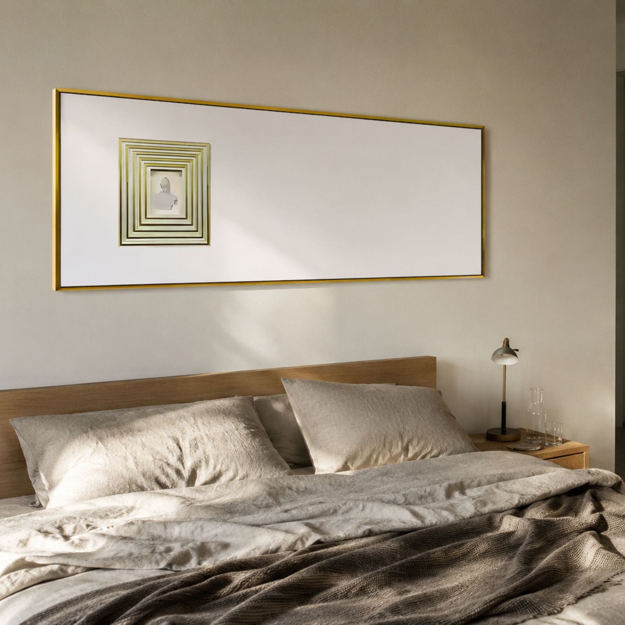 Lustreline Golden Left Plaster Statue Cardboard Wall Art by Giant Sculptures displayed above a wooden bed with linen bedding and a brass lamp.