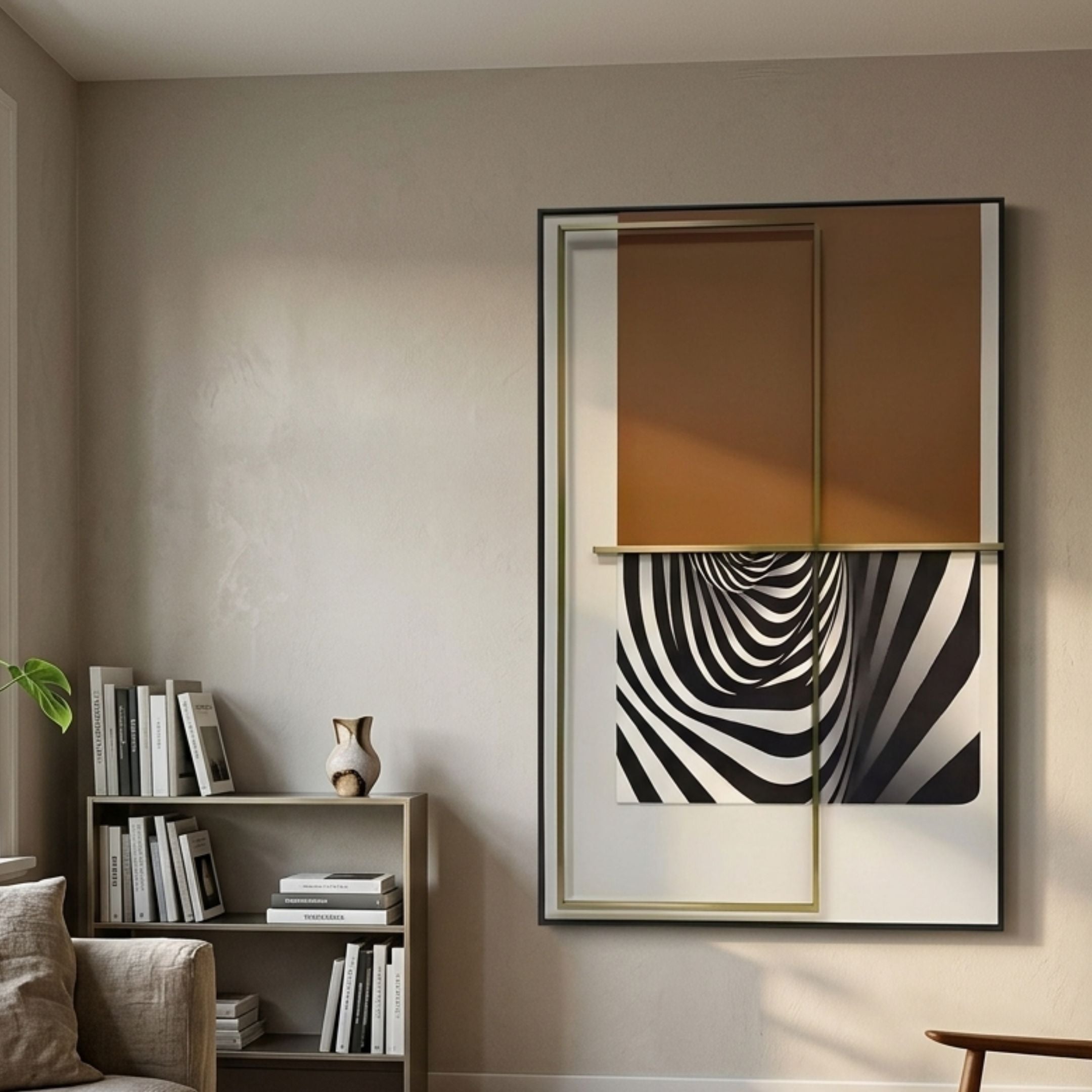 Optique Warp Black & Brown Rectangular Wall Art displayed on a beige living room wall above a low bookshelf with books, a small vase, and a leafy plant.