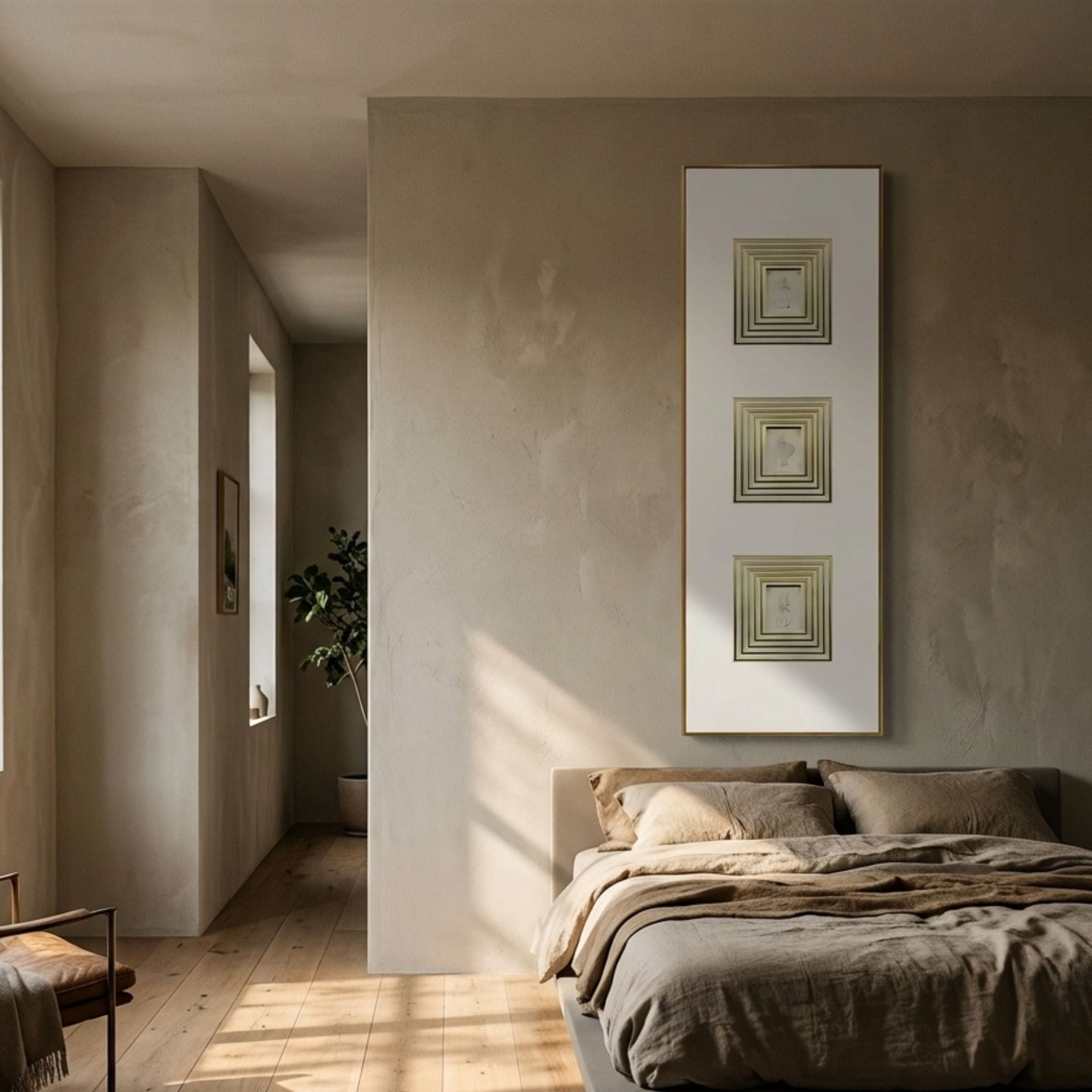 Lustre Golden Illusion Plaster Statue Vertical Wall Art by Giant Sculptures displayed above a linen bed in a warm neutral bedroom with hallway view.