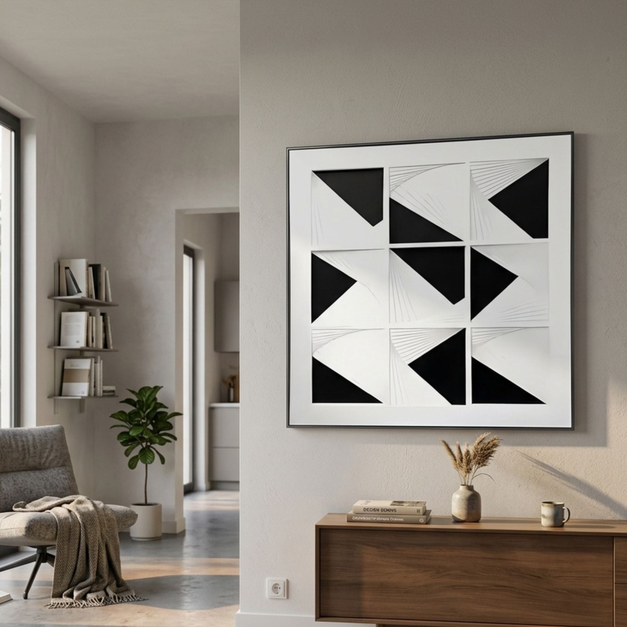 Prismatics Black & White Geometric Cardboard Wall Art by Giant Sculptures displayed in a modern living room above a wooden console with dried grasses.