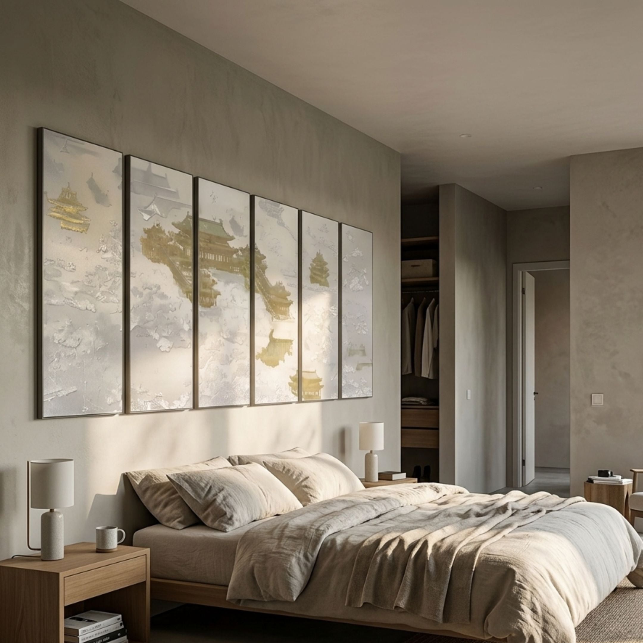 Silvienne Timeless Silk Wall Art with 3D gold foil highlights by Giant Sculptures, a six-panel Asian landscape above a linen bed in a neutral bedroom.