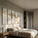 Silvienne Timeless Silk Wall Art with 3D gold foil highlights by Giant Sculptures, a six-panel Asian landscape above a linen bed in a neutral bedroom.