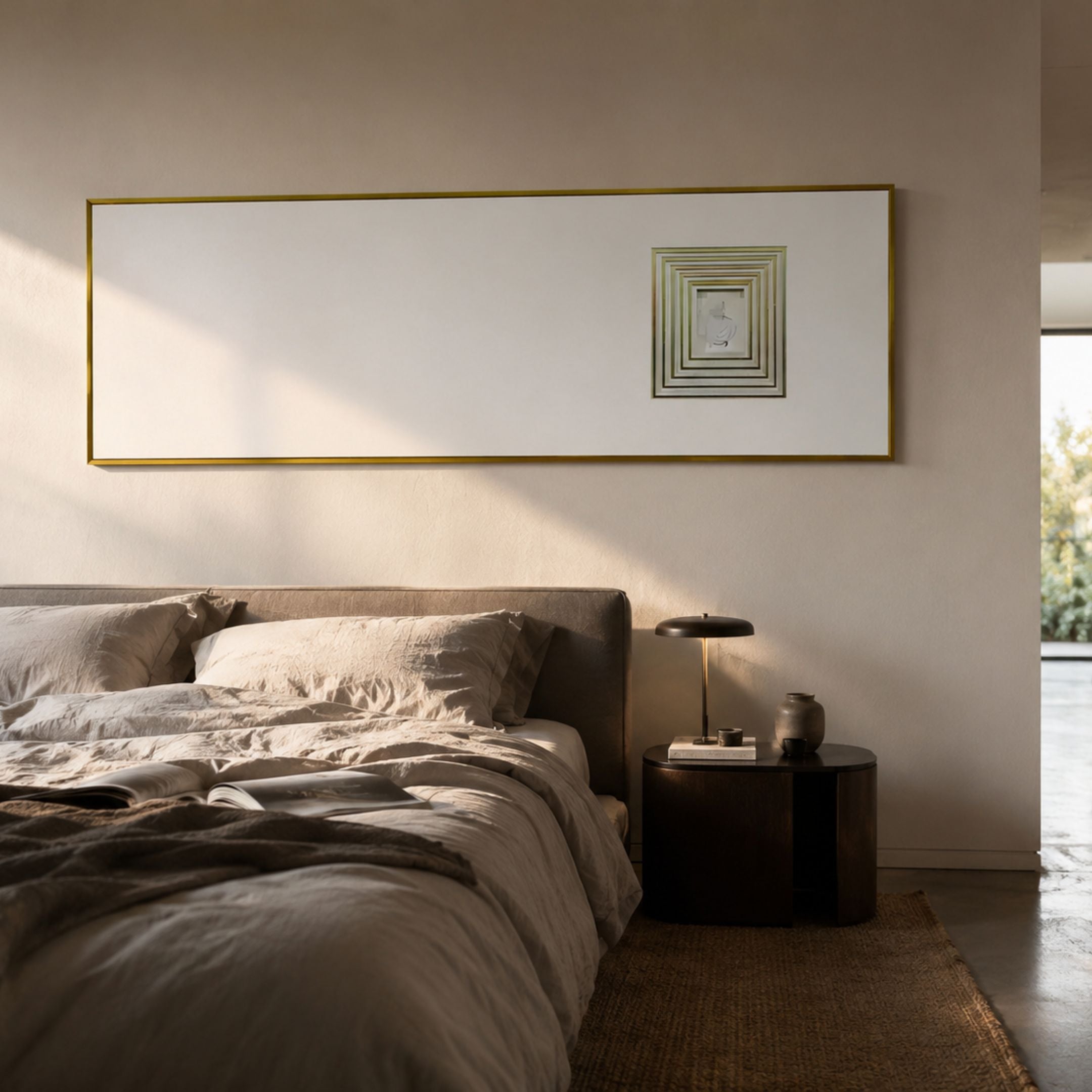 Lustreline Golden Right Plaster Statue Cardboard Wall Art by Giant Sculptures, mounted above an upholstered bed with linen bedding and a dark side table.